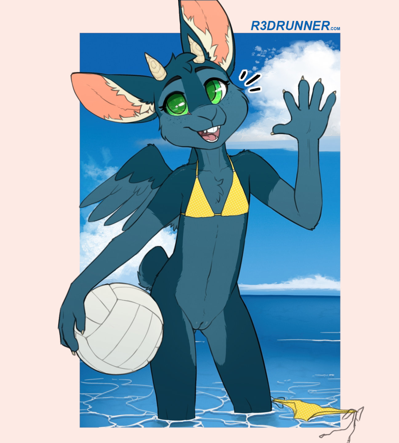 1girls, 2 horns, 2025, accident, accidental exposure, anthro, anthro female, anthro only, anthro solo, ball, bikini, bikini top only, blue body, blue feathers, blue fur, bottomless, bottomless female, cub, feathered wings, feathers, female, female cub, female only, freckles, freckles on face, fur, furry, furry female, furry only, green eyes, horn, horns, hybrid, mammal, r3drunner, solo, solo anthro, solo female, topwear, topwear only, url, volleyball, volleyball (ball), wings, wolpertinger, wolpertinger girl, young, young anthro, young female