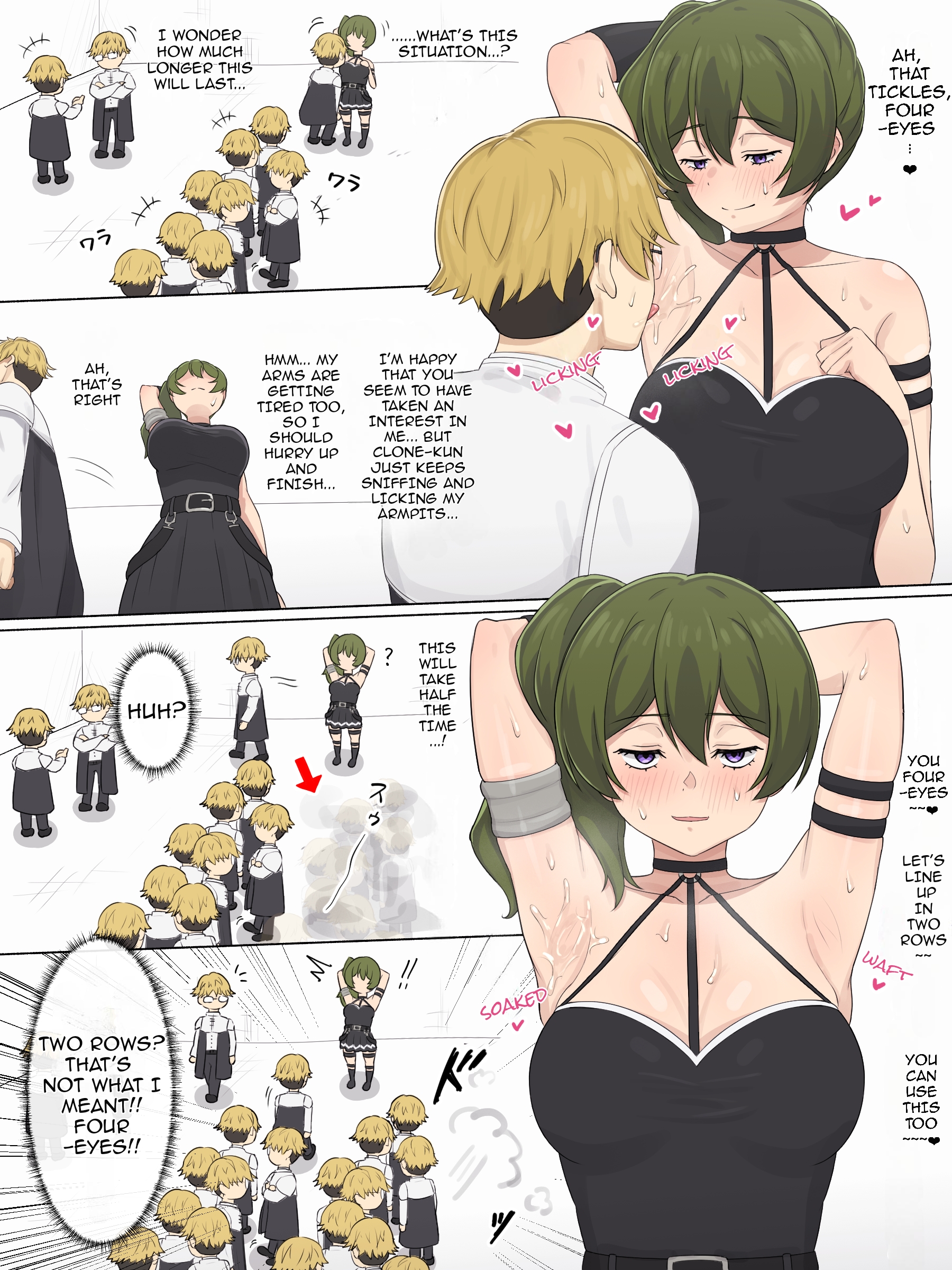 1girls, arehoko, armpit fetish, armpit licking, armpits, arms up, blonde, blonde hair, blonde hair male, blonde male, blonde-haired male, clone, english text, female, glasses, green hair, green hair female, hair between eyes, land (sousou no frieren), licking, licking armpit, male, multiple boys, purple eyes female, raised arm, simple background, sousou no frieren, text, tongue, tongue out, translated, ubel (sousou no frieren)