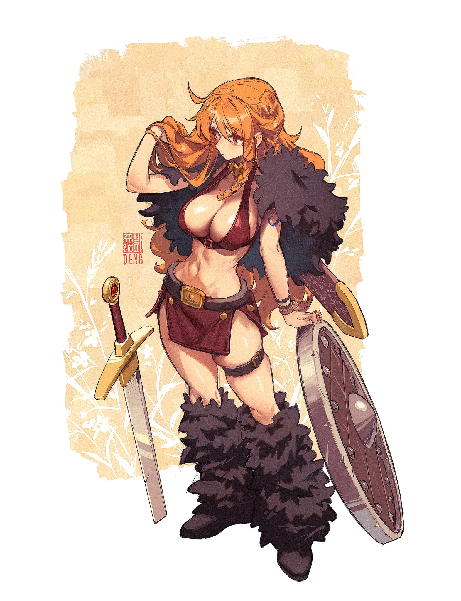 1girls, belt, big breasts, braid, feet up, female, female only, huge breasts, huge thighs, long hair, nami, nami (elbaf), nami (one piece), navel, one piece, orange background, orange hair, thigh belt, thighs, weapon