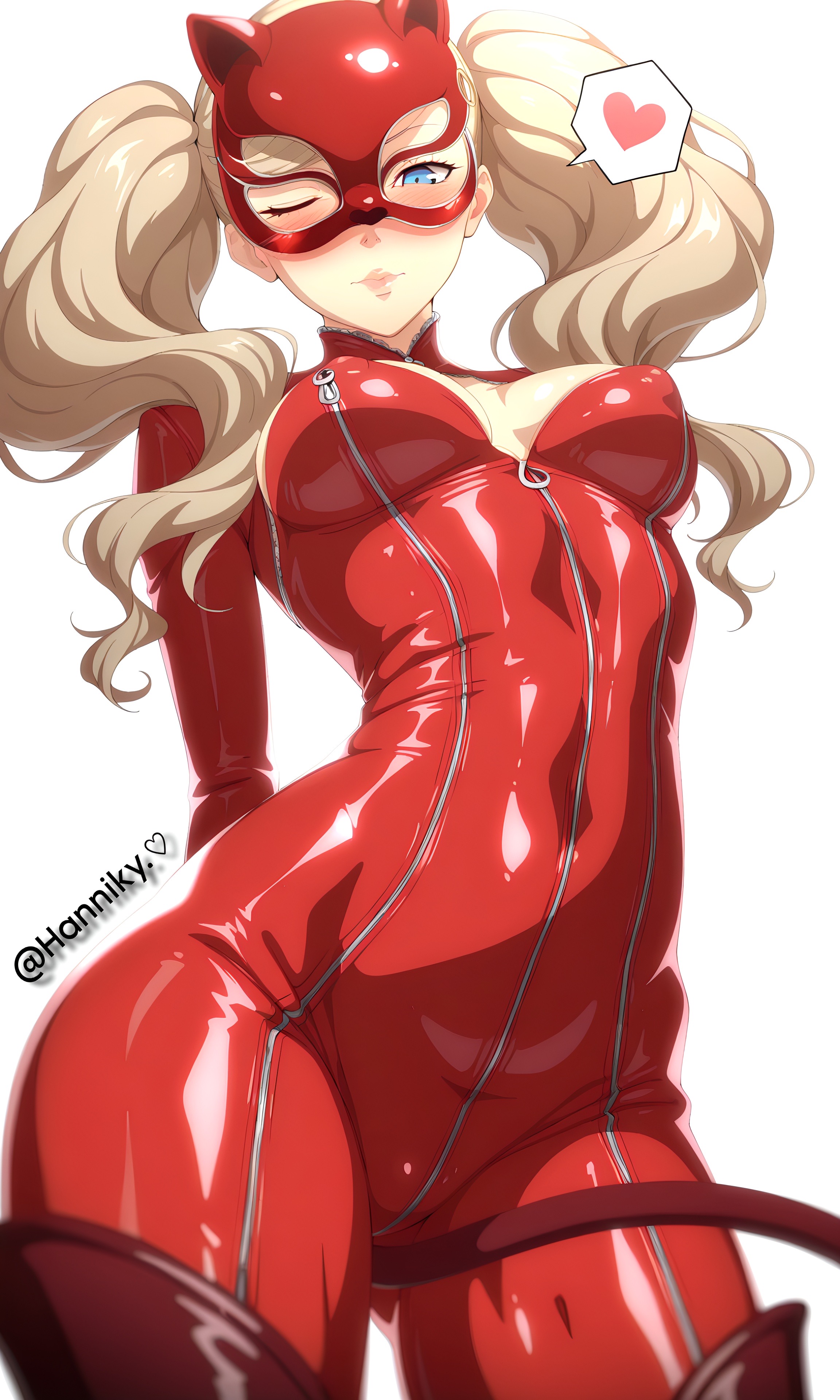 ai generated, ann takamaki, ann takamaki (panther), arched, arched back, arms behind back, bangs, blonde hair, blue eyes, blush, blush lines, bodysuit, boots, cat mask, cat tail, cleavage, cleavage cutout, closed mouth, covered navel, covered nipples, curly hair, fake cat tail, hair clip, hips, illyfurina, latex, latex bodysuit, latex clothing, latex suit, legs, long hair, long sleeves, looking at viewer, mask, masked, masked female, one eye closed, persona, persona 5, persona 5 royal, pink lipstick, pixai, puckered lips, red bodysuit, seducing, seduction, seductive, seductive body, seductive expression, seductive eyes, seductive female, seductive gaze, seductive look, seductive mouth, seductive pose, sfw, sfw version, sfw version available, small breasts, spoken heart, stable diffusion, standing, takamaki anne, tease, teasing, teasing viewer, thick thighs, thigh boots, thighs, twintails, twintails (hairstyle), waist, white background, zipper, zipper down
