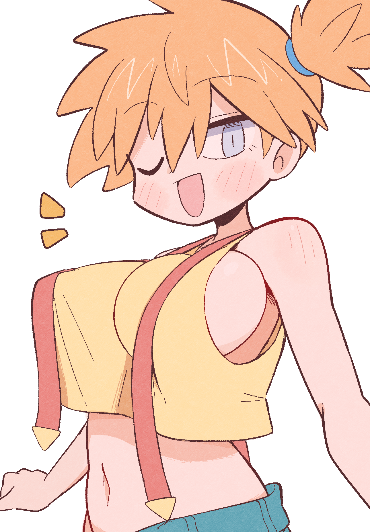 ;d, alternate breast size, aqua shorts, bare shoulders, blue eyes, blue shorts, blush, breasts, crop top, crop top overhang, denim, denim shorts, female, hair between eyes, hair tie, kasumi (pokemon), kurachi mizuki, large breasts, looking at viewer, midriff, navel, nintendo, no bra, notice lines, one eye closed, open mouth, orange hair, pokemon, pokemon (anime), pokemon (classic anime), pokemon rgby, ponytail, shirt, short hair, shorts, side ponytail, sideboob, simple background, sleeveless, smile, solo, suspenders, tank top, upper body, white background, yellow shirt, yellow tank top