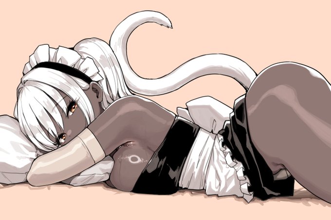 1girl, armsleeves, breasts, cat tail, dark skin, dark-skinned female, highres, hugging object, hugging pillow, large breasts, looking at viewer, lying, maid, maid headdress, on stomach, orange background, orange eyes, original, pillow, ponytail, prone, shiny breasts, shiny skin, sideboob, simple background, sleeves, solo, sunaba suzume, sweaty armpits, sweaty breasts, tail, thighs, top-down bottom-up, white hair