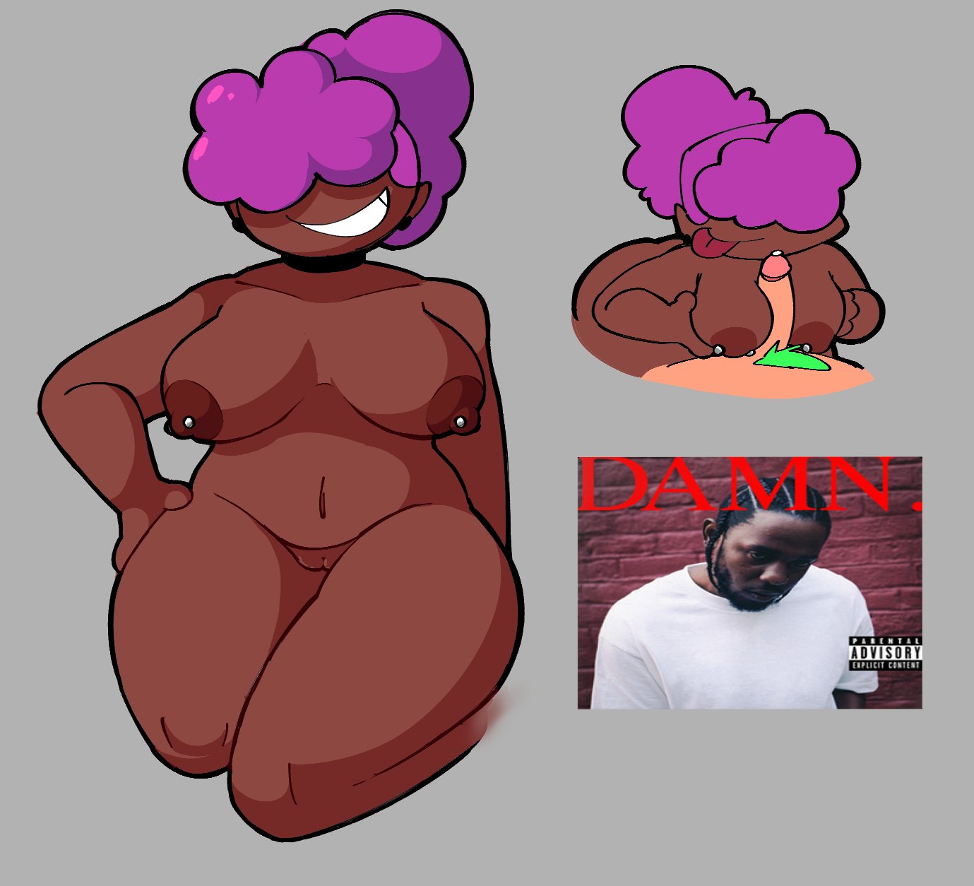 1girl, 1girls, 2025, alt girlfriend (readraws), areola, areolae, b3 boyfriend, b3 gf (blazethewolf55), boobjob, brown skin, color, colored, corollave, friday night funkin, friday night funkin (b3 mod), friday night funkin mod, girlfriend (friday night funkin), gray background, green hair, green pubic hair, hair over eyes, hand on hip, kendrick lamar, paizuri, pierced nipples, pinup, pinup pose, purple hair, shaded, shaya dearest, skinny, tagme, thighs, titfuck, tongue