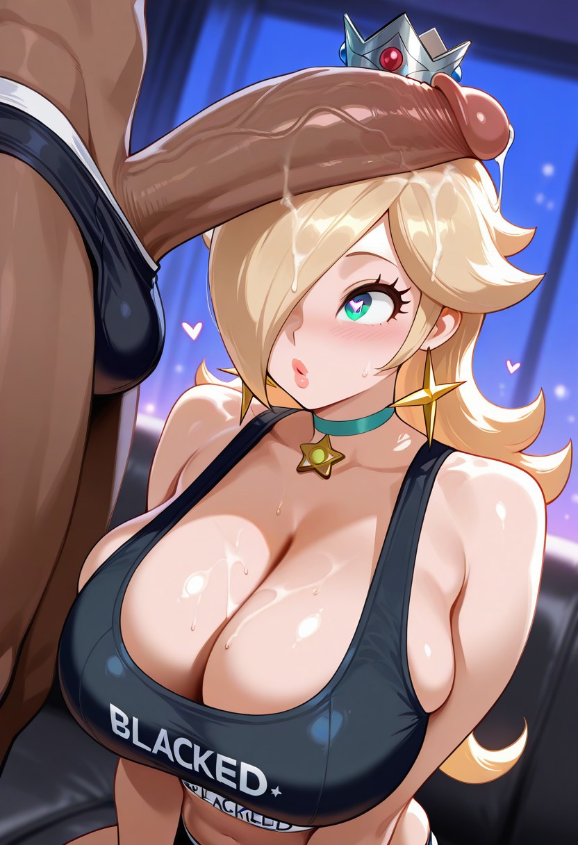 ai generated, blacked, blacked clothing, blowjob, bustybunz, choker, cum, cum on hair, dark-skinned male, fellatio, heart, heart eyes, huge breasts, interracial, oral, penis on head, princess rosalina, tagme