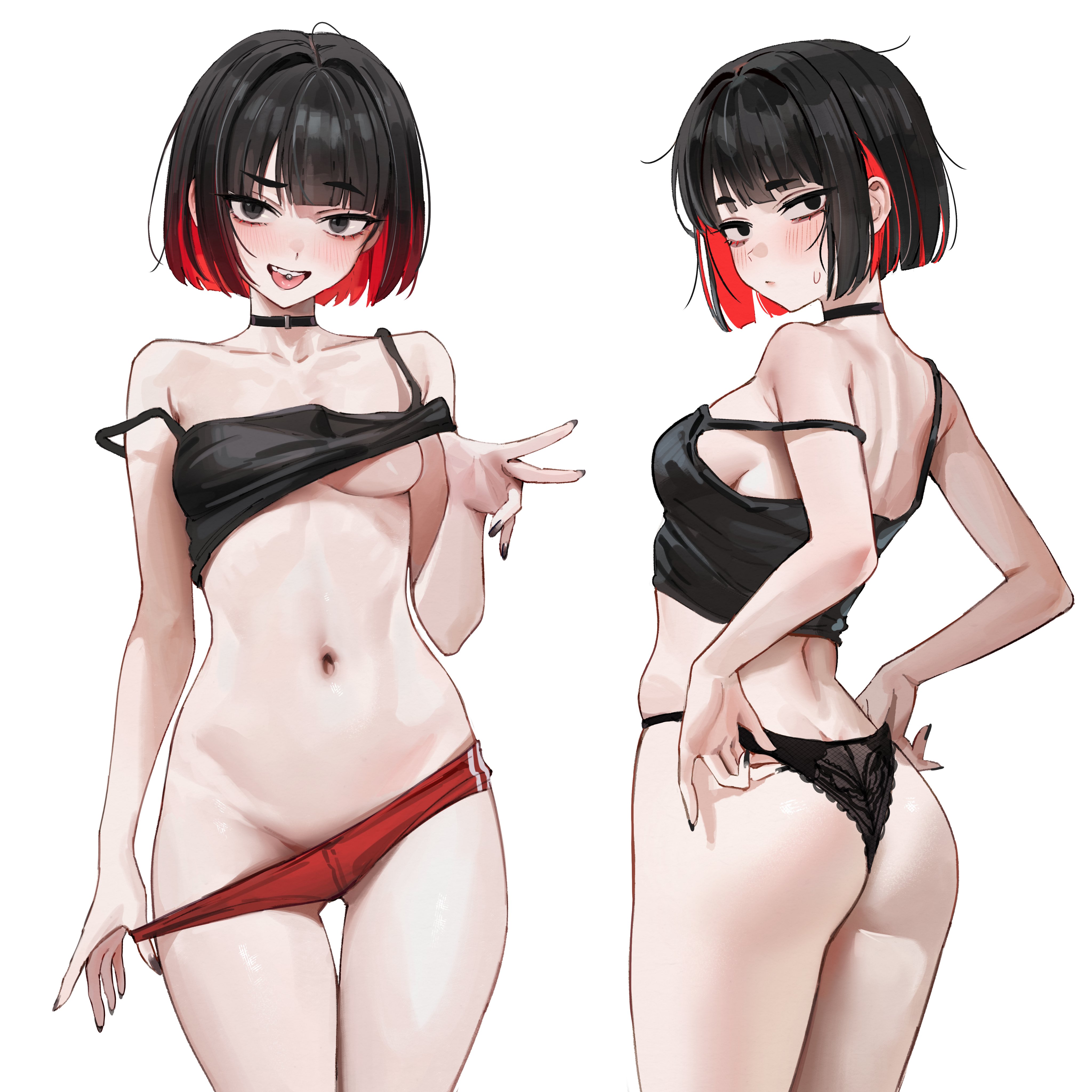 1girls, 2girls, bare shoulders, belly button, black eyes, black hair, blush, breasts, character request, clothes lift, copyright request, crop top, female, female focus, female only, fungi542, gompang 11, groin, looking at viewer, loose clothes, multicolored hair, navel, panties, red hair, shirt, short hair, small breasts, smile, solo, standing, stomach, sweat, thighs, tongue out, underwear