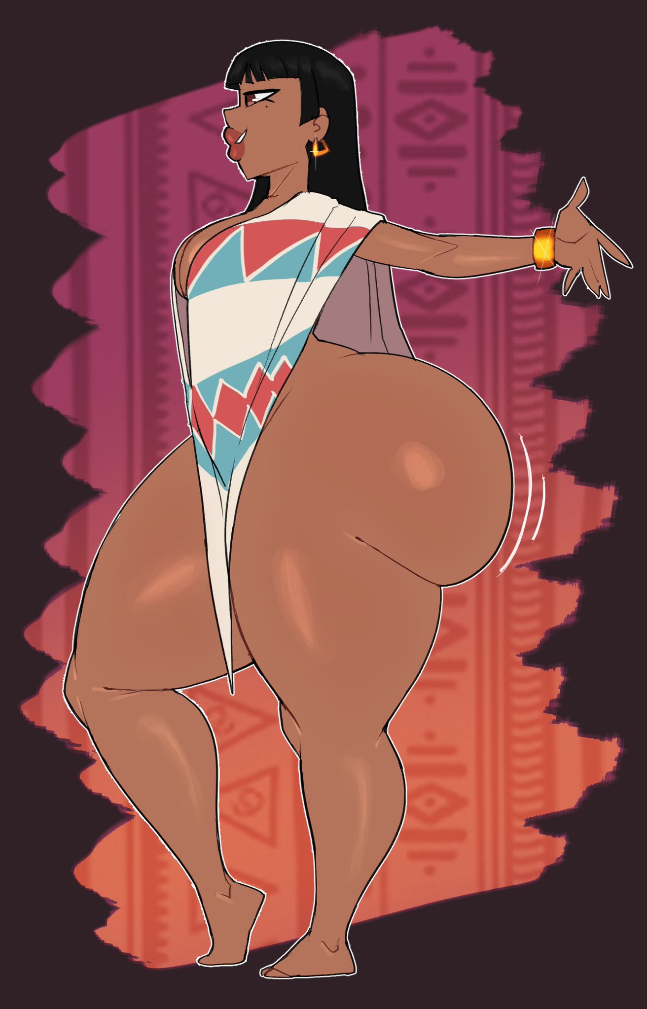 1girl, ass cleavage, bare ass out, barefoot, chel, chel (the road to el dorado), dreamworks animation, fat ass, golden bracelet, golden earrings, juicy thighs, latina female, lustburnsfire, mayan mythology, naked under clothes, poncho, red lipstick, the road to el dorado, zrfurious