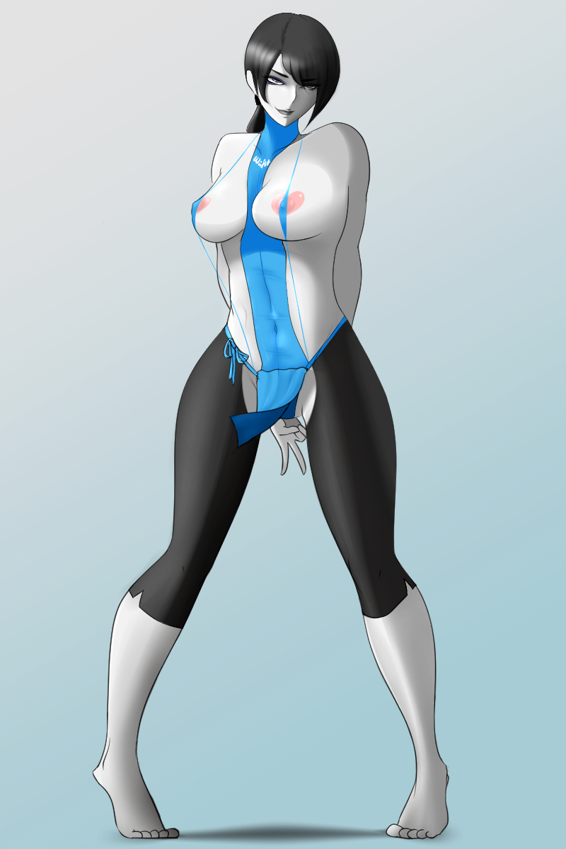 1girls, areola, artist request, bare calves, barefoot, between breasts, black hair, breasts, busty, calves, cleavage, clothes between breasts, feet, female, female only, grey eyes, large breasts, naughty face, nintendo, nipples, solo, voluptuous, white skin, wii fit, wii fit trainer, wii fit trainer (female), yoga pants