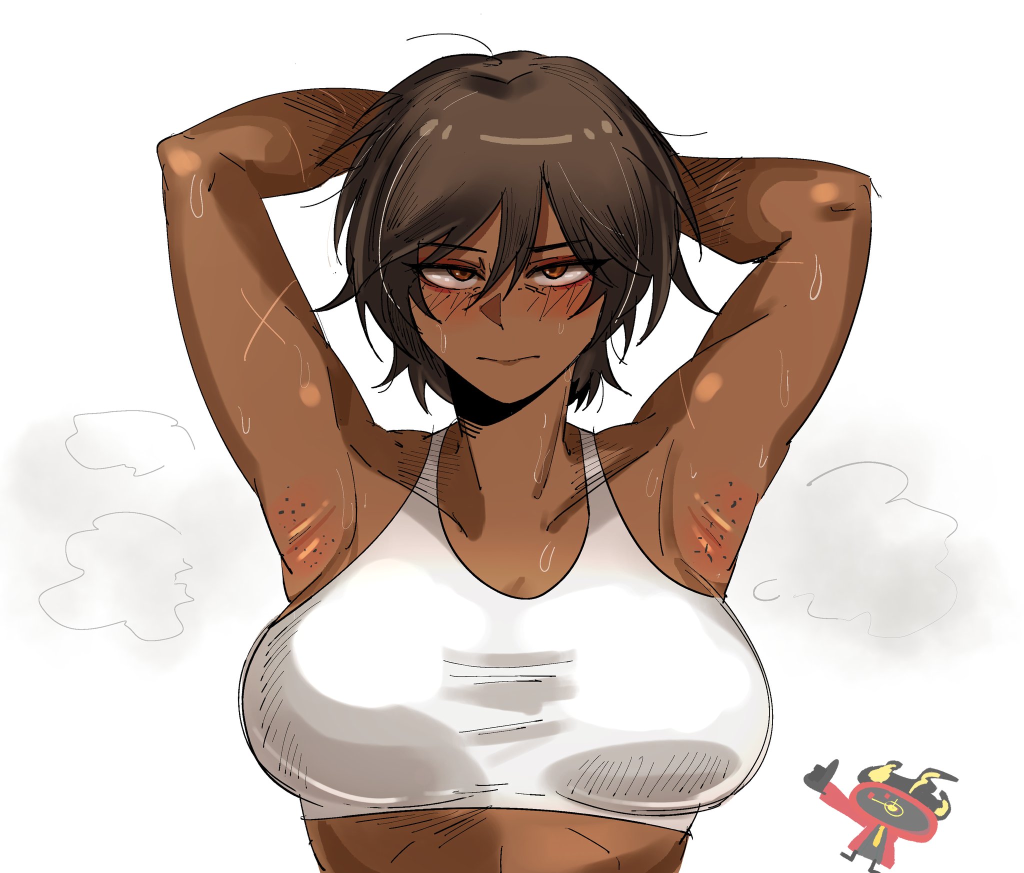 1girls, ambiguous gender, arczaeon, armpit stubble, armpits, arms up, big breasts, dante (limbus company), dark skin, dark-skinned female, female, female only, human, large breasts, limbus company, outis (limbus company), project moon, revealing clothes, solo, sports bra, stubble