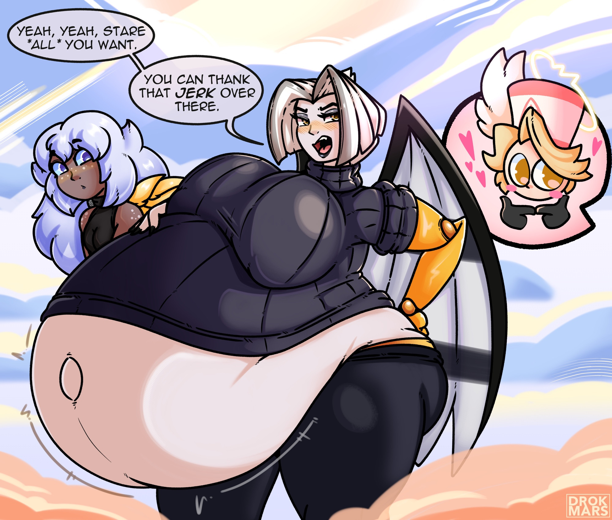 abel (hazbin hotel), angel, angel wings, big breasts, blush, blushing, breasts, cleavage, dialogue, drokmars, emily (hazbin hotel), female, fototeta, furry, hazbin hotel, huge breasts, hyper, hyper pregnancy, lute (hazbin hotel), pregnant, ready to pop, tagme, thick thighs, tight clothing, wide hips, wings
