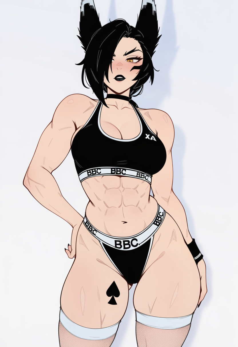 ai generated, alternate hairstyle, black hair, black lipstick, female, female only, goth, league of legends, prussia123, queen of spades, skimpy, spade tattoo, sports uniform, xayah