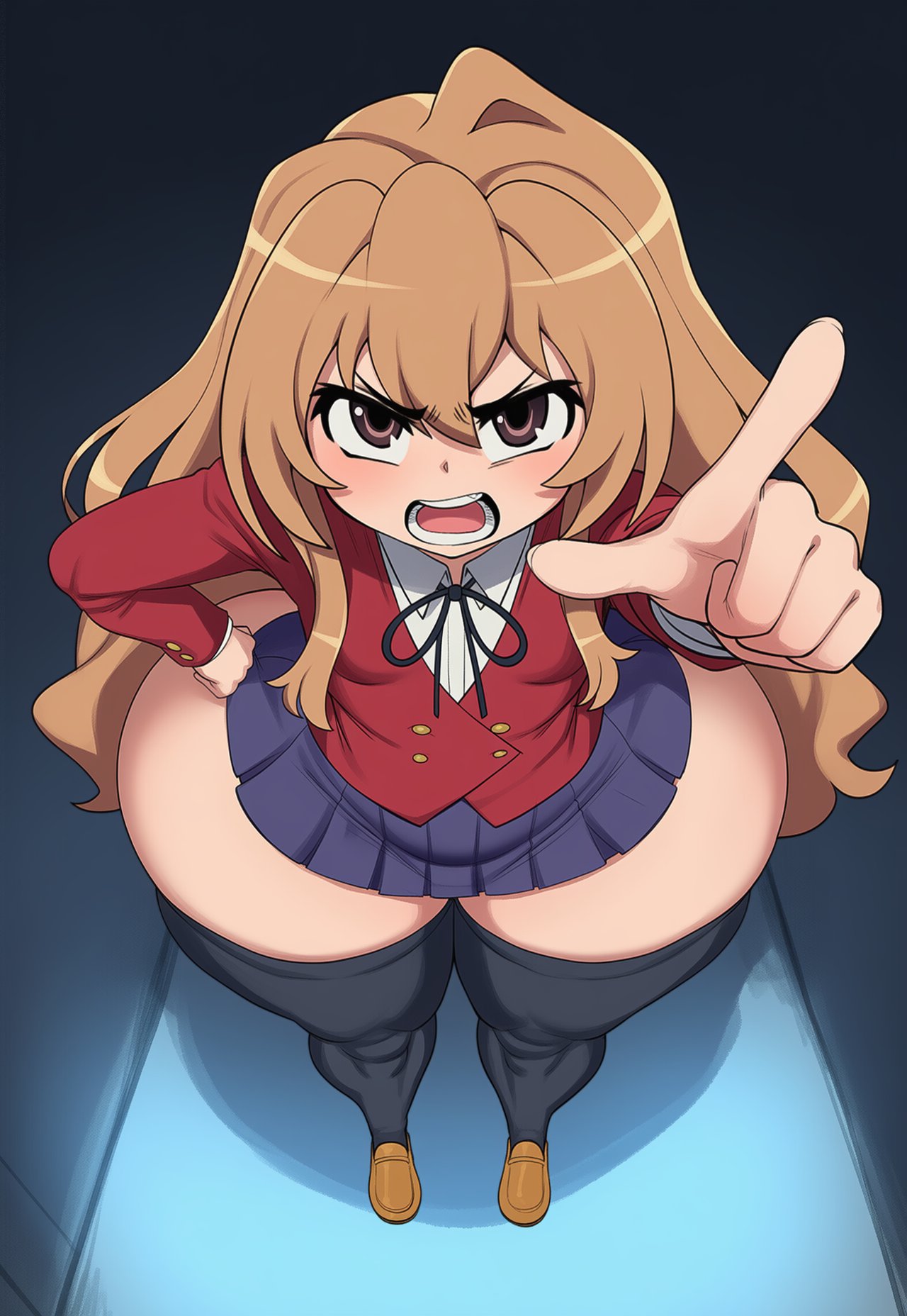1girls, 2d, ai generated, aisaka taiga, angry, ass, big ass, big butt, big thighs, black ribbon, black thighhighs, blazer, blue skirt, blush, breasts, brown eyes, brown footwear, brown hair, buttons, collared shirt, female, female only, foreshortening, from above, full body, gigigens, hair between eyes, hand on own hip, huge thighs, jacket, large ass, large butt, large thighs, long hair, long sleeves, looking at viewer, lower teeth only, neck ribbon, oohashi high school uniform, open mouth, pleated skirt, pointing, pointing at viewer, red jacket, ribbon, school uniform, shirt, shoes, skirt, small breasts, solo, solo female, standing, teeth, thick ass, thick butt, thick thighs, thighhighs, thighs, toradora!, v-shaped eyebrows, white shirt, wide hips, zettai ryouiki