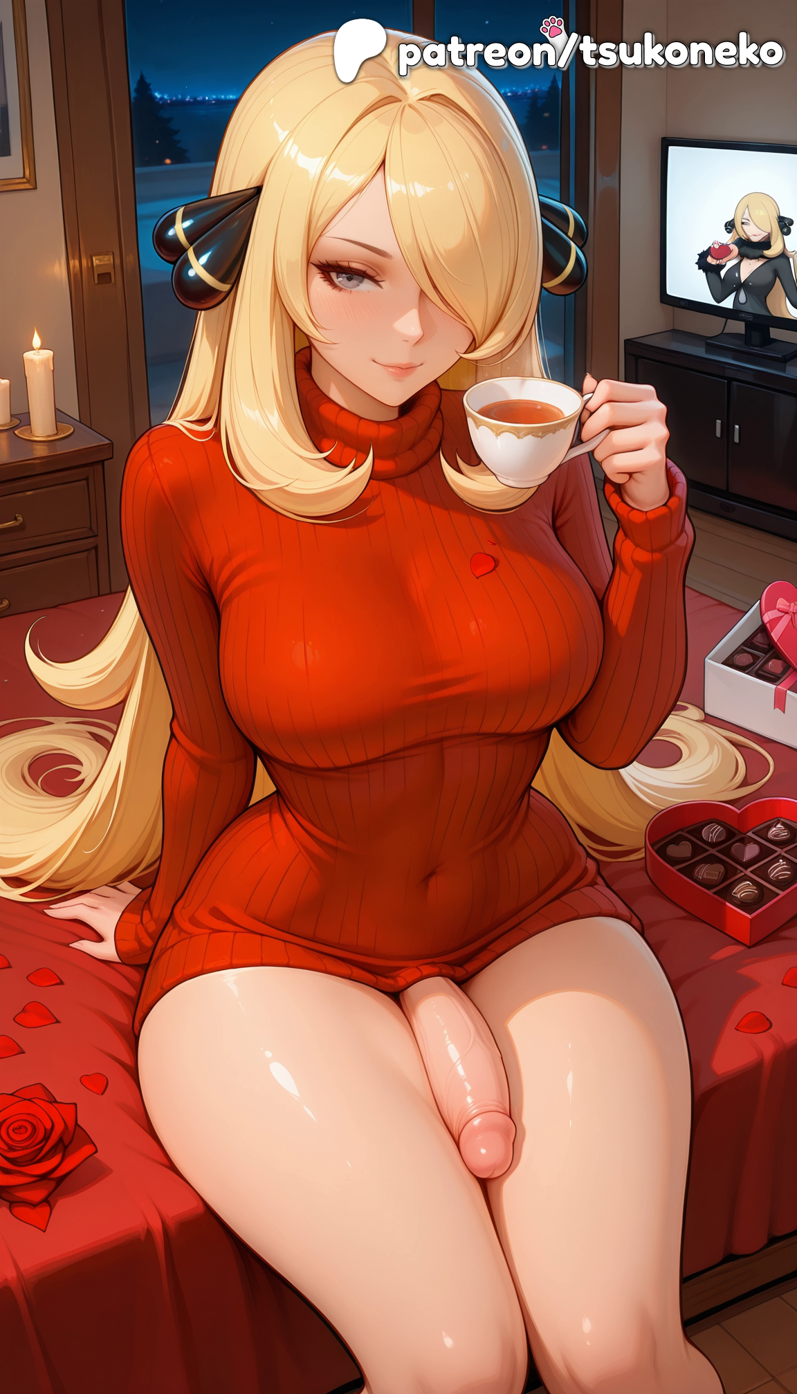 1futa, 2026, ai assisted, ai generated, anime, artist name, blonde hair, cock, cynthia (pokemon), dick, explicit, flower, futanari, hair over one eye, hi res, high quality, high resolution, highres, long hair, nintendo, patreon, patreon username, penis, petals, pokemon, red flower, red rose, ribbed sweater, rose, rose petals, smile, stable diffusion, sweater, tsukoneko, uncensored, valentine's day, valentines day, watermark