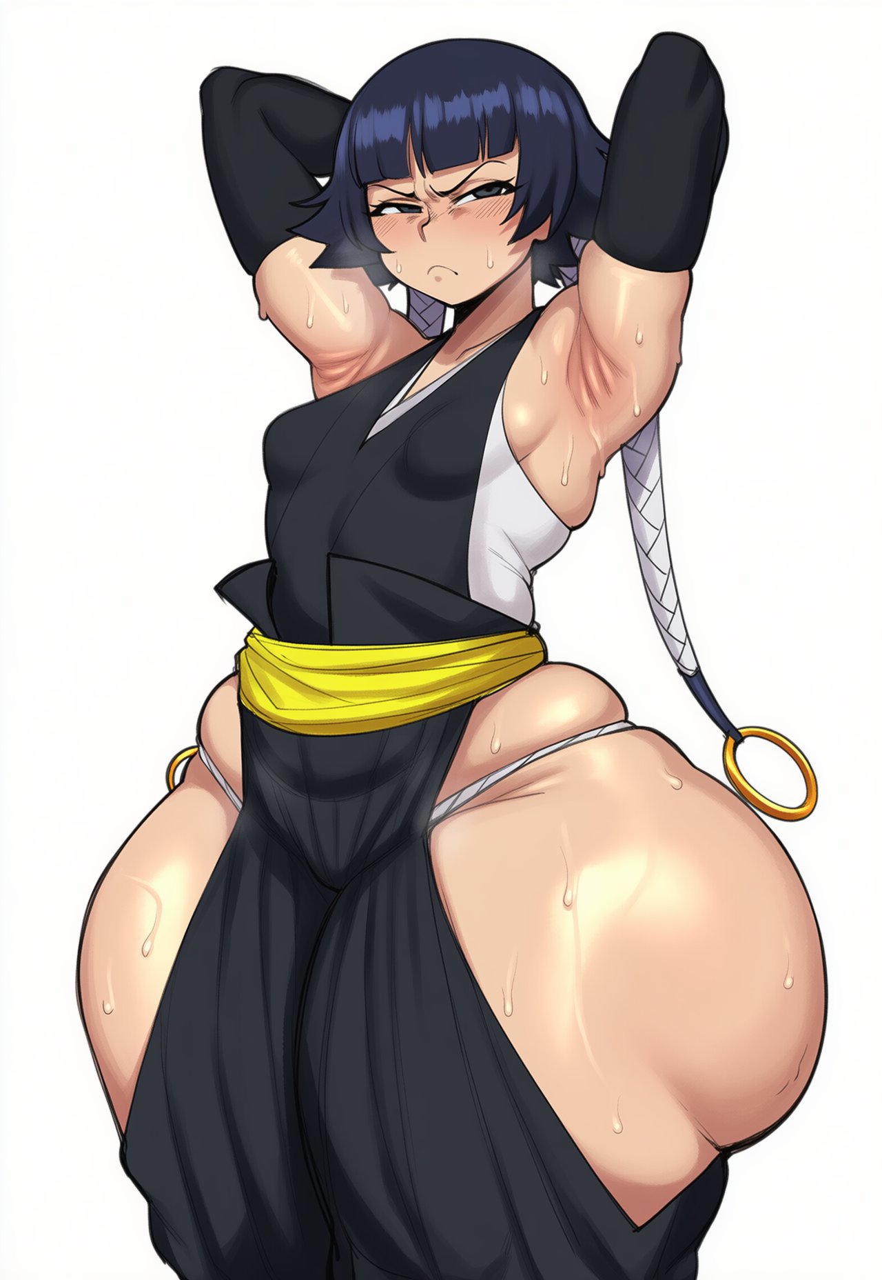 1girls, 2d, ai generated, angry, angry expression, angry face, armpit fetish, armpits, arms behind head, arms up, ass, big ass, big butt, big thighs, black eyes, black hair, bleach, blunt bangs, blush, breasts, detached sleeves, female, female only, frown, fundoshi, gigigens, gloves, hip vent, huge ass, huge butt, huge thighs, japanese clothes, large ass, large butt, large thighs, long hair, looking at viewer, shiny skin, short hair with long locks, sideboob, simple background, skindentation, small breasts, soifon, solo, solo female, steam, steaming body, sui-feng, sweat, sweatdrop, thick ass, thick butt, thick thighs, thighs, underwear, white background, white panties, wide hips
