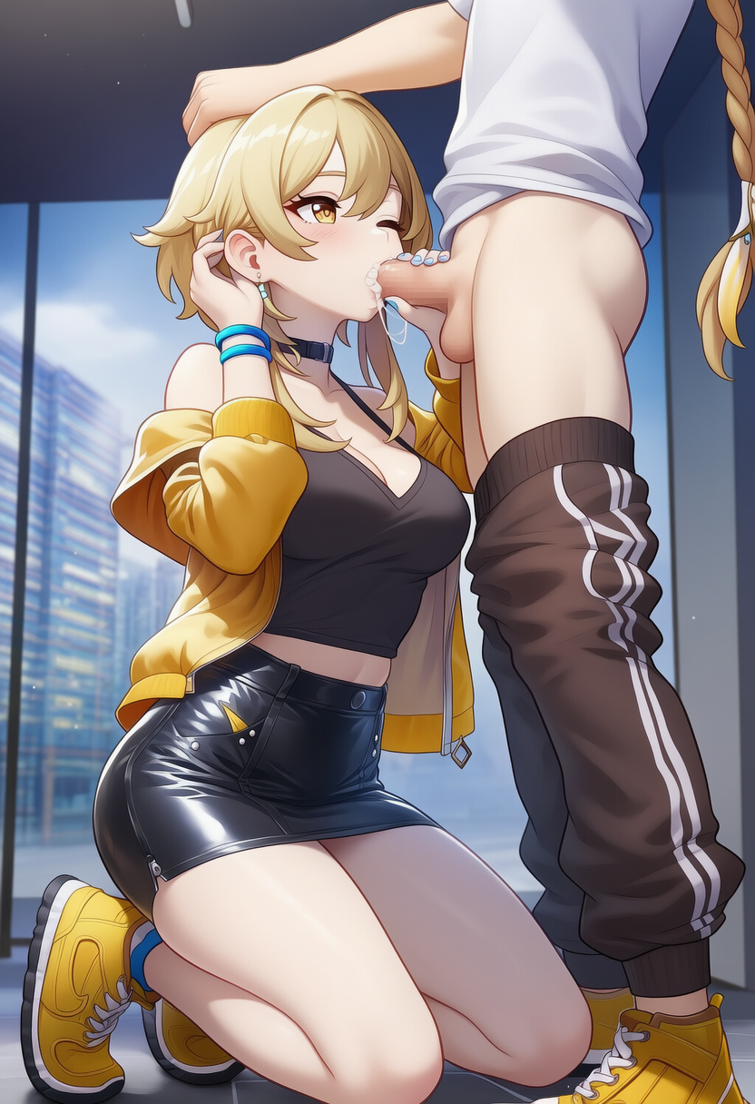 1boy, 1girls, aether (genshin impact), ai generated, alternate costume, big ass, big breasts, big butt, big penis, big thighs, black shirt, black skirt, blonde female, blonde hair, blonde-haired male, blowjob, brother and sister, cum, cum in mouth, female, female focus, genshin impact, hoyoverse, incest, light skin, light-skinned male, long hair, lumine (genshin impact), lunealter, male, male/female, mihoyo, on knees, one eye closed, pale skin, pale-skinned female, pants down, short hair, thick ass, thick butt, thick hips, thick legs, thick thighs, yellow eyes, yellow jacket