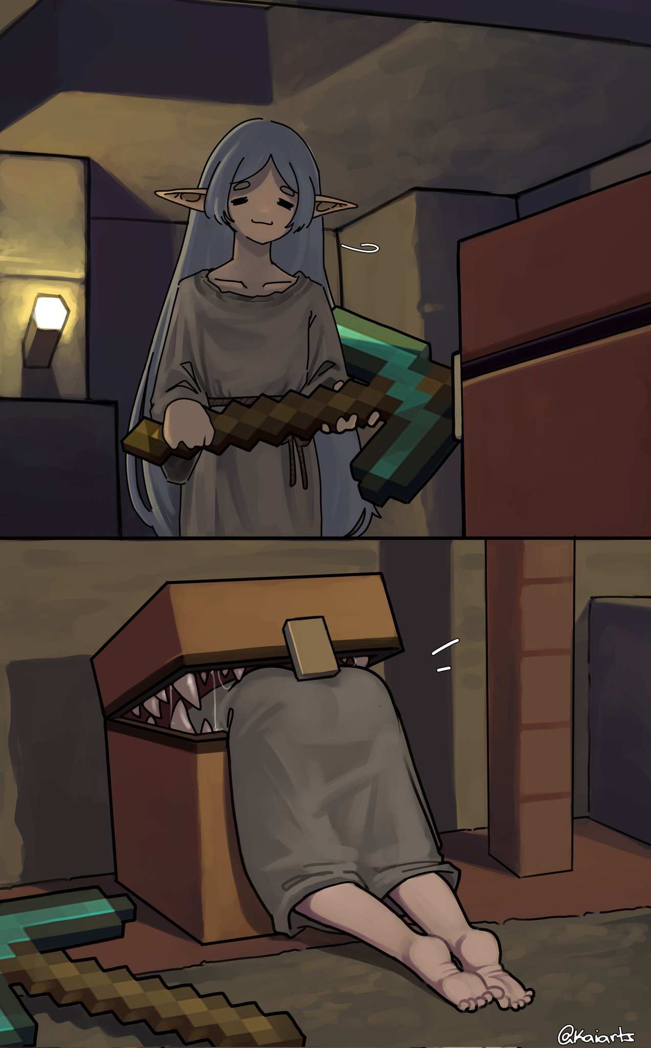 cave, collaboration, frieren, kaiarts, long hair, mimic, minecraft, sousou no frieren, treasure chest, white hair