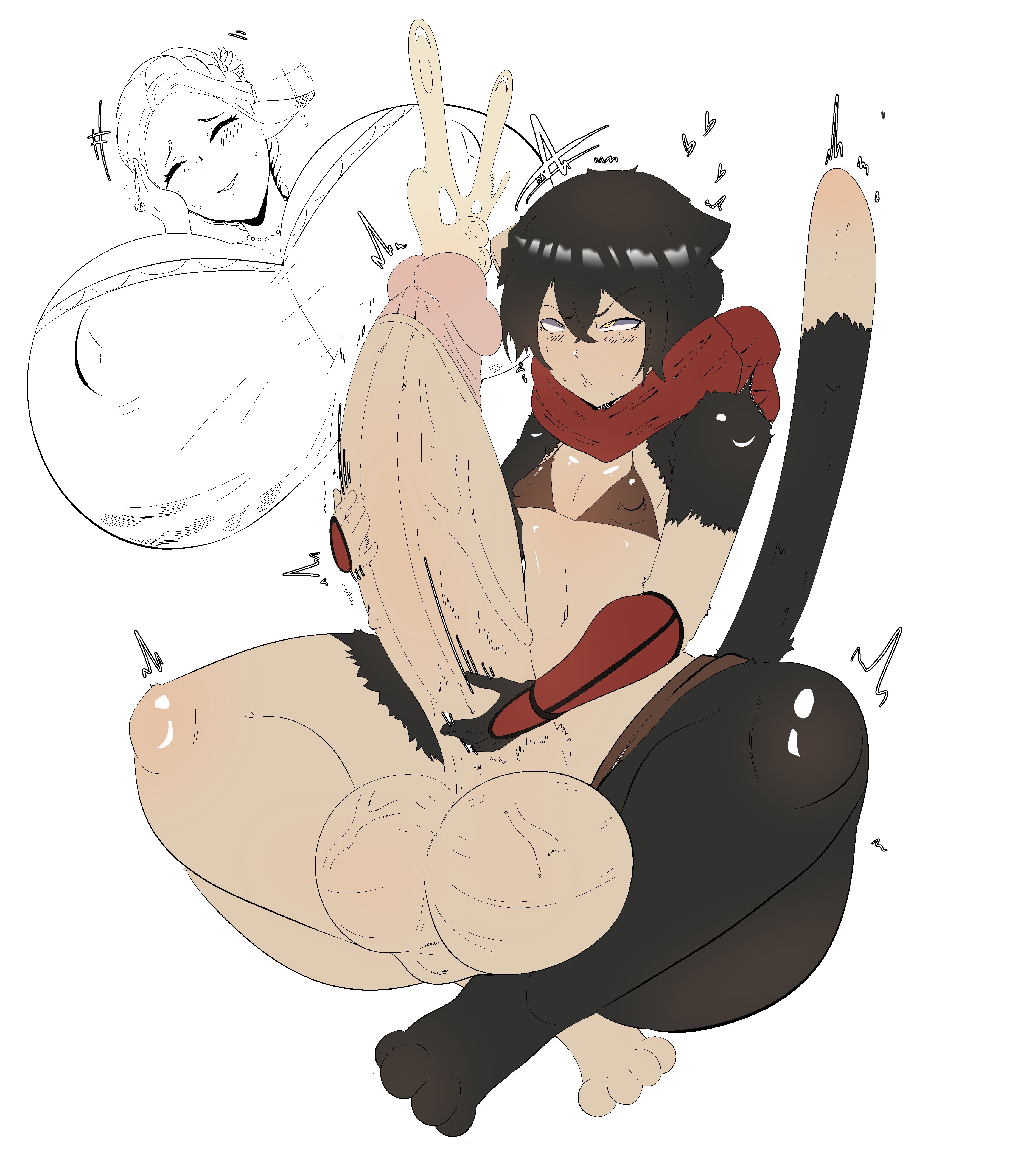 1futa, 1girls, balls, big balls, big breasts, big penis, black hair, breasts, cum, double hand masturbation, dungeon meshi, futanari, handjob, huge cock, izutsumi, kungkimori, marcille donato, nipples visible through clothing, penis, sitting, tail, two handed masturbation, white background