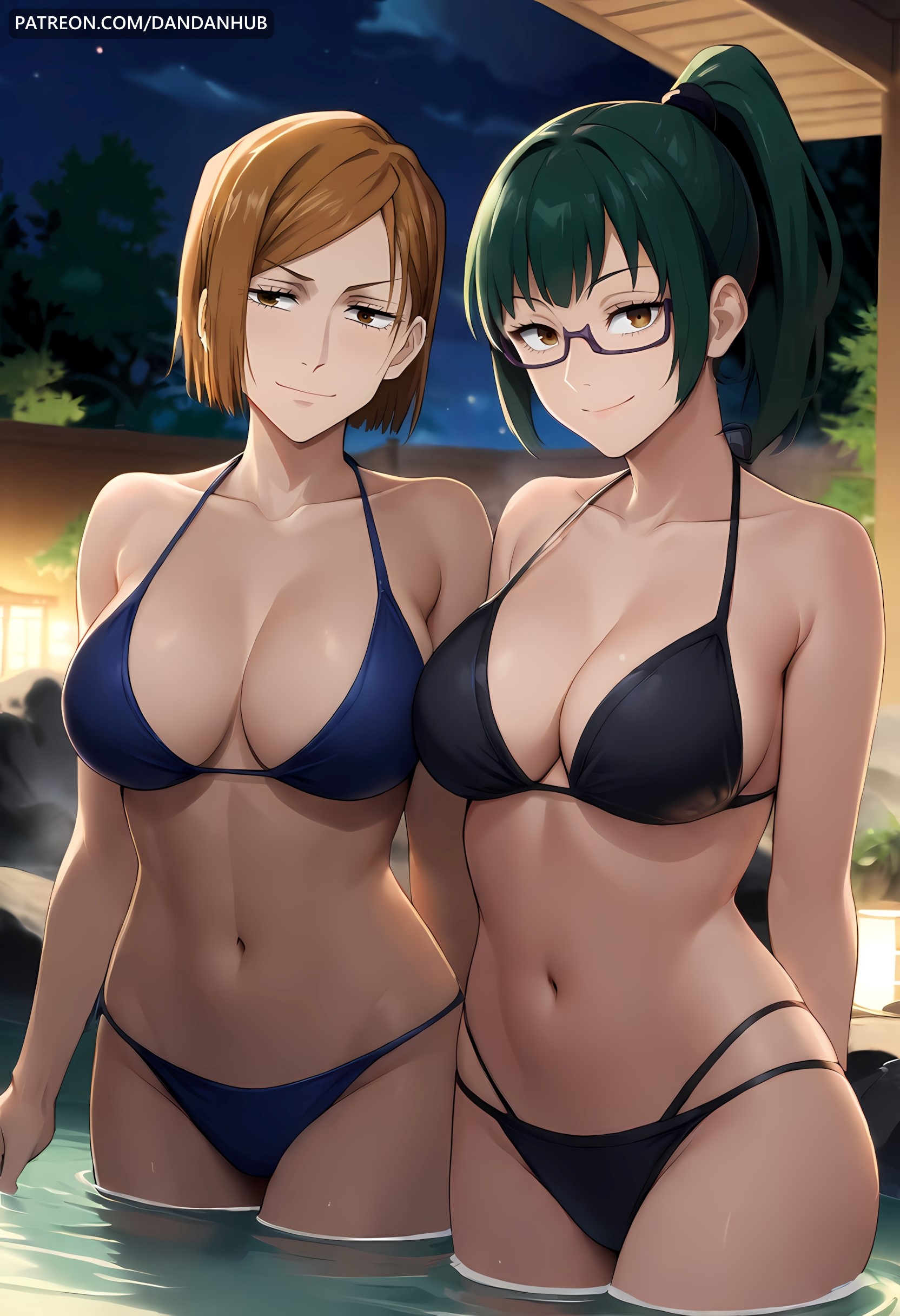 2girls, ai generated, bangs, bare shoulders, bikini, black bikini, blue bikini, breasts, brown eyes, brown hair, cleavage, closed mouth, collarbone, dandanhub, glasses, green hair, jujutsu kaisen, kugisaki nobara, large breasts, looking at viewer, maki zenin, multiple girls, navel, night, night sky, nobara kugisaki, onsen, outdoors, partially submerged, ponytail, semi-rimless eyewear, short hair, sky, smile, stomach, swimsuit, wading, water, web address, yellow eyes, zenin maki