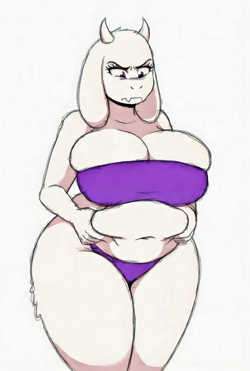 1girls, 2026, angry face, big breasts, breasts, chilisauce, chubby, chubby female, cleavage, female, female only, furry, goat, grabbing stomach, horns, huge breasts, purple bra, purple eyes, purple panties, thick thighs, thighs, toriel, undertale, undertale (series), white background, white fur, white hair, wide hips