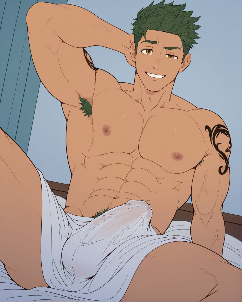 abs, ai generated, aiden flynn, armpit hair, armpits, arms behind head, big chest, big muscles, bulge through clothing, camp buddy, gay, male, male only, muscular, muscular male, precum through clothing, pubic hair, smirk, spread legs