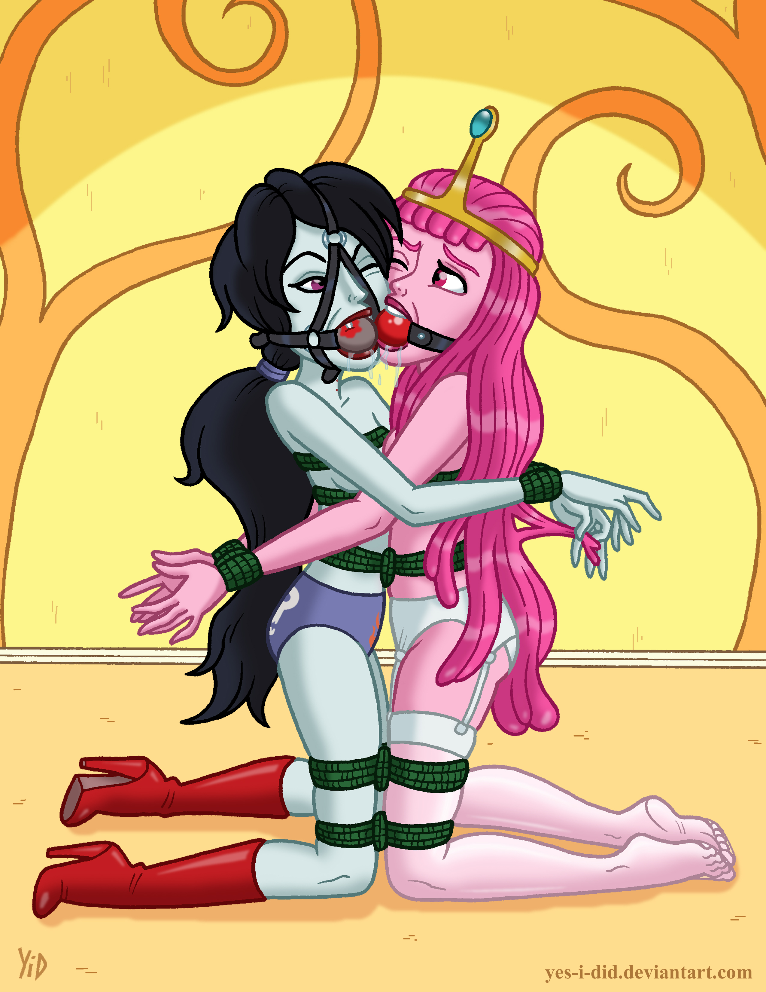 2girls, adventure time, ass, ball (object), ball gag, big ass, big breasts, black hair, blue eye, blue eyes, bondage, boots, bound, bound together, breasts, canon couple, dark, dark hair, drool, fangs, female, female only, femsub, gag, gagged, glove, gloves, hair, harness gag, heels, high heels, latex, leather, marceline, multiple females, multiple girls, multiple subs, nude, panties, pantyhose, pink, pink eyes, pink hair, princess bubblegum, rope, saliva, slave, spank, spanking, text, tied, tied up, tying, underwear, vampire, water, worried, yes i did
