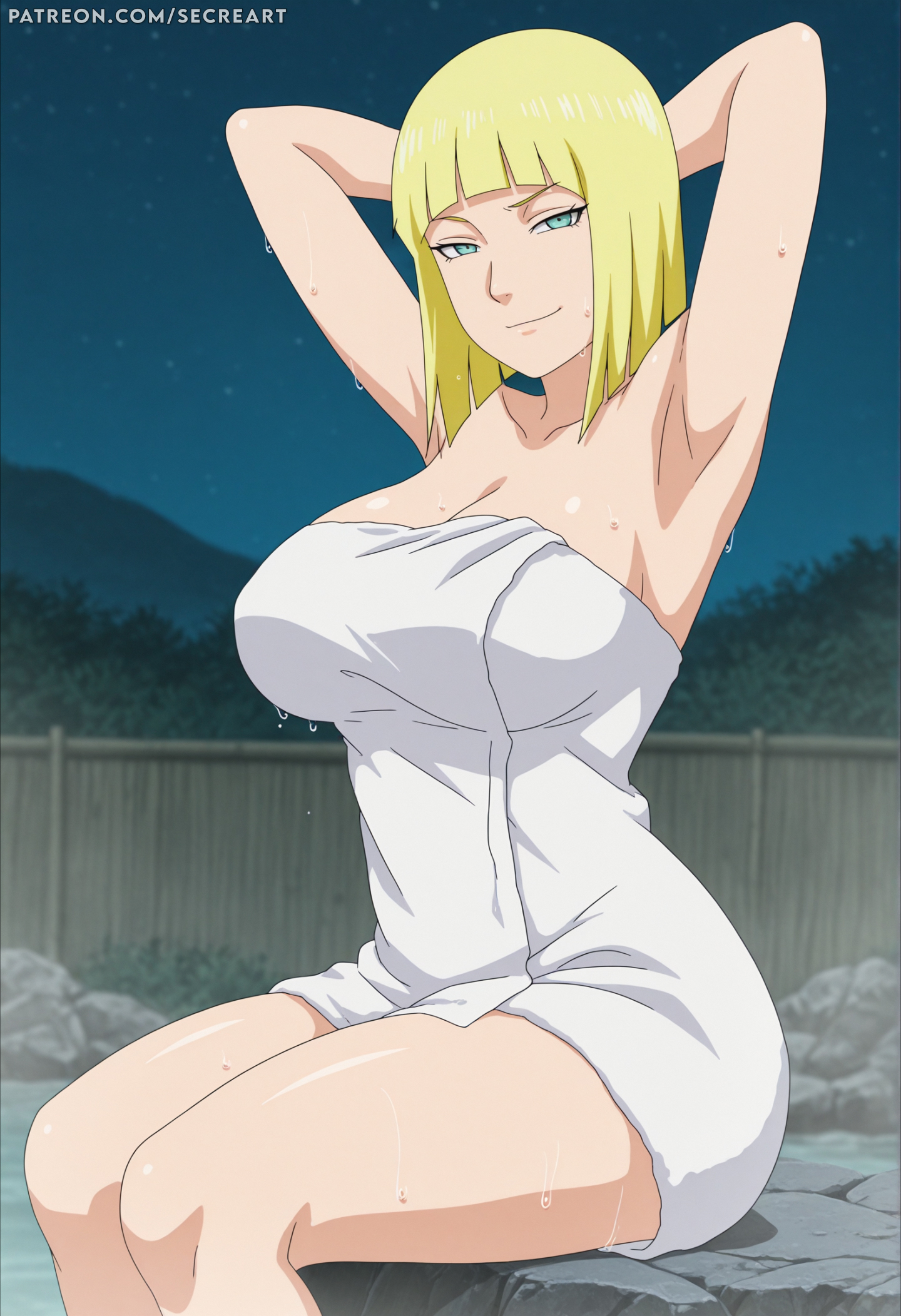 1girls, ai generated, arms behind head, arms up, ass, ass focus, ass support, bare ass, bare thighs, big ass, big breasts, blonde hair, blue eyes, blunt bangs, blush, bob cut, breasts, bubble ass, bubble butt, female, female only, hair bun, horny, hot spring, huge ass, leaning forward, looking at viewer, mature, mature female, naked towel, naruto, naruto (series), naruto shippuden, night, onsen, outdoors, round ass, samui, secreart, shiny, shiny hair, shiny skin, short hair, sitting, solo, solo focus, steam, steaming body, sweat, teal eyes, thick thighs, thighs, towel, towel only, voluptuous, water, white skin