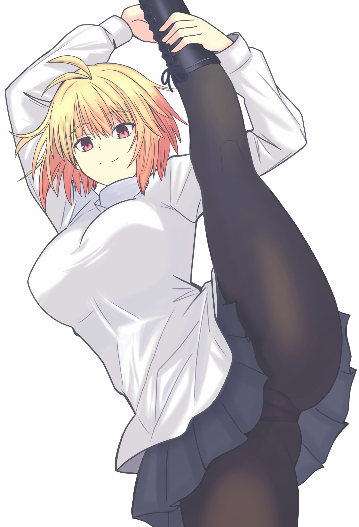 1girl, ahoge, arcueid brunestud, ass, ass visible through thighs, black panties, black pantyhose, blonde hair, blue skirt, breasts, cameltoe, commentary request, female, female only, grabbing own leg, hair intakes, highres, holding own leg, large breasts, looking at viewer, masatoshi ikeda (uug28aiuopy2six), miniskirt, panties, pantyhose, pantyshot, pantyshot (standing), plaid clothes, plaid skirt, red eyes, short hair, sidelocks, simple background, skirt, solo, split, spread legs, standing, standing on one leg, standing split, sweat, sweater, thighs, tsukihime, tsukihime (remake), turtleneck, turtleneck sweater, underwear, white background, white sweater