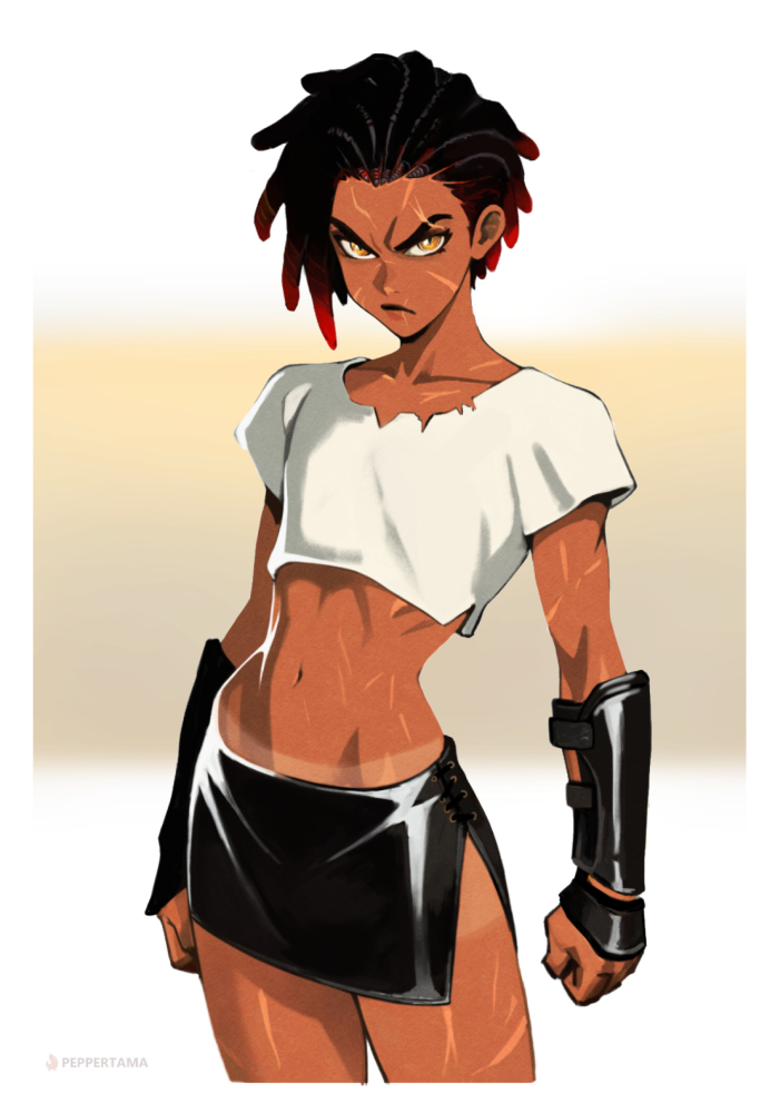 1girls, angron, black hair, female, female only, midriff, miniskirt, peppertama, scars, skirt, tan, tan body, tan skin, tanline, tanlines, tomboy, warhammer (franchise), warhammer 40k, yellow eyes