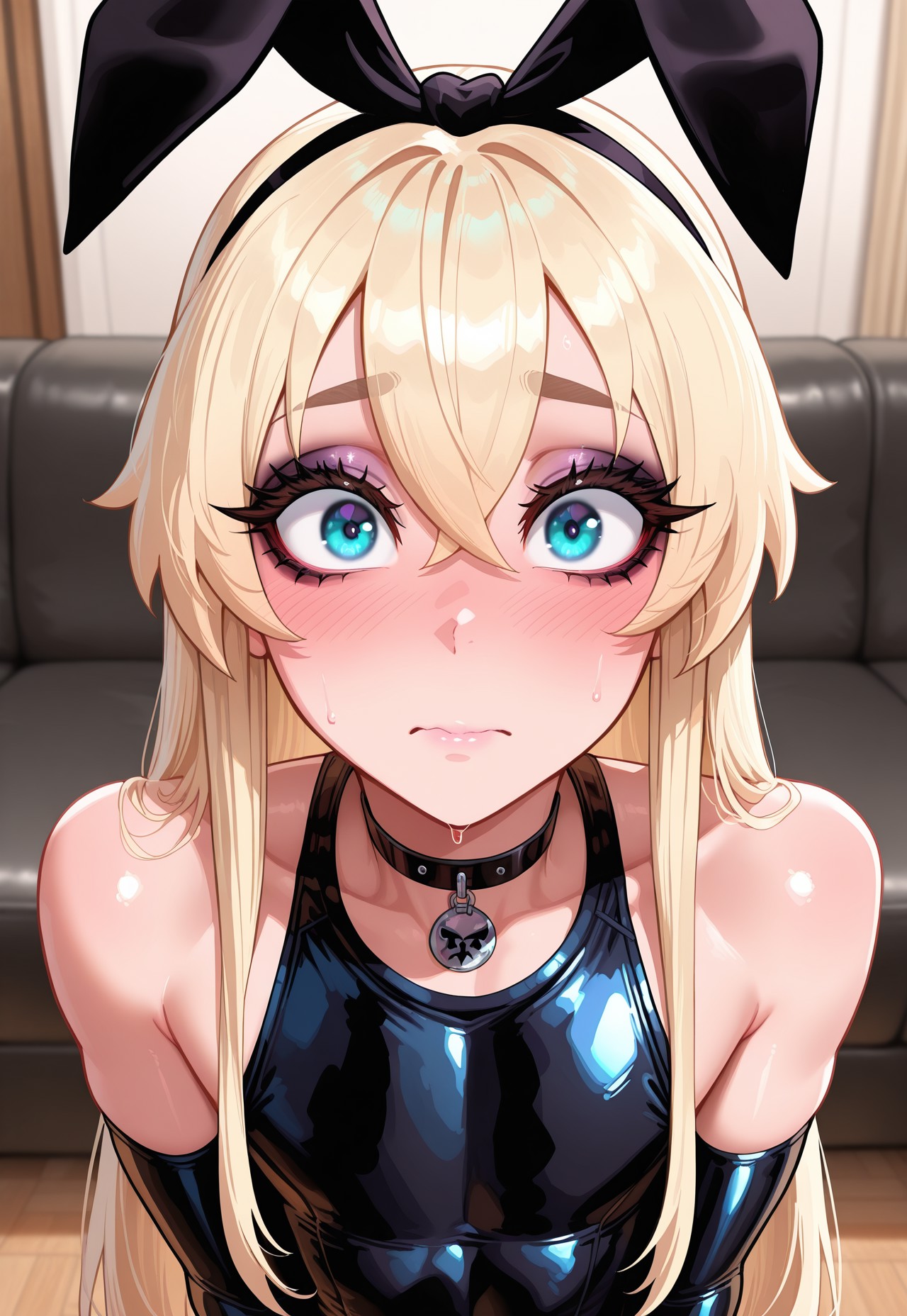 ai generated, blue eyes, blush, bunny ears, bustybunz, choker, femboy, goth, imminent oral, lipstick, makeup, nervous, shimakaze-kun, tagme, thick eyelashes