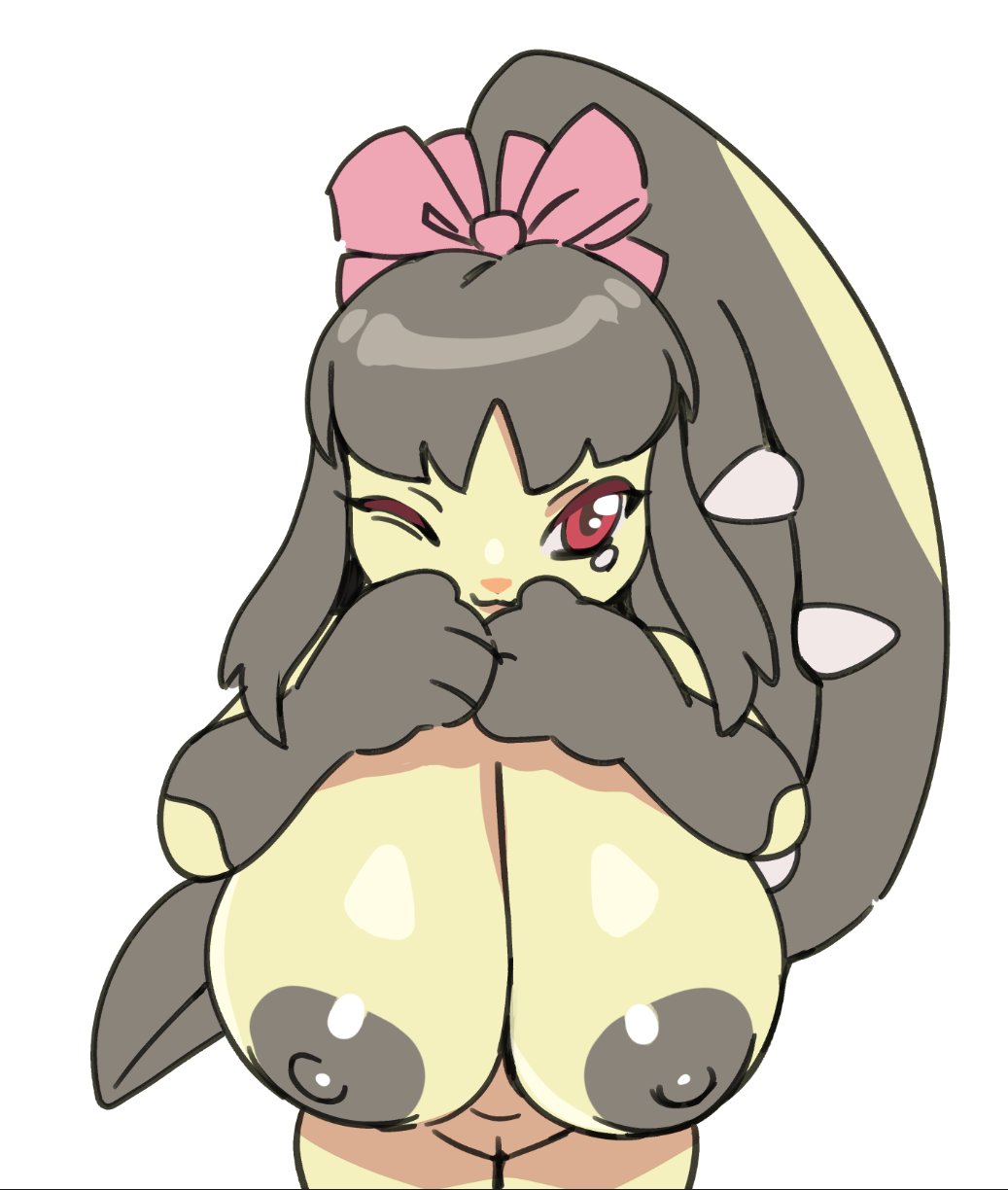 ;3, adorable, anthro, areolae, art moira, bare breasts, big breasts, black fur, black hair, bow, breasts, covering mouth, cute, don't attack me mawile, female anthro, female pokemon, gray nipples, hairbow, huge breasts, large breasts, looking at viewer, mawile, meme, one eye closed, pink bow, pokemon, red eyes, shortstack, standing, visible pussy, yellow fur, yellow skin