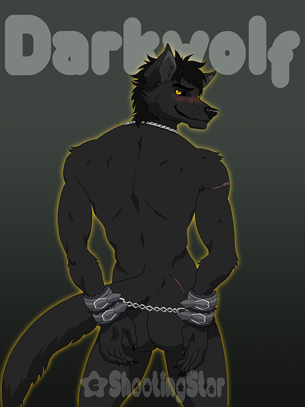 2015 animal_ears anthro ass blush bondage bound canine cuffs darkwolf darkwolf_(darkwolfdemon) darkwolfdemon fur fuzzy hair handcuffs looking_at_viewer male male_only mammal nude scar shackles shootingstar solo wolf yellow_eyes