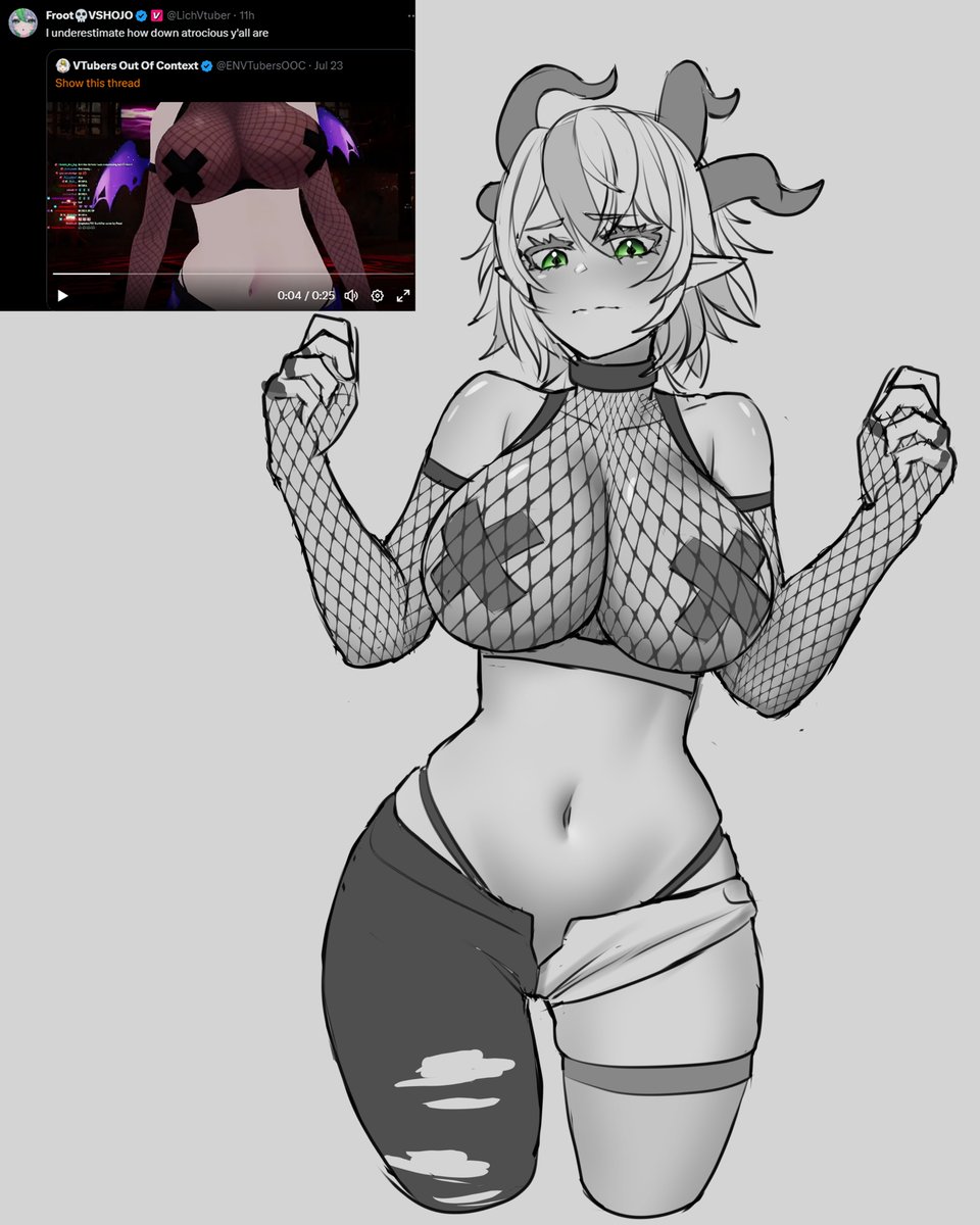 1girls, arms up, bare shoulders, belly button, big breasts, black and white, blush, breasts, choker, collar, cooterzi, cowboy shot, cross pasties, crossed bangs, detached sleeves, embarrassed, eyelashes, eyelashes visible through hair, female, fishnet armwear, fishnet clothing, fishnet shirt, fishnet topwear, fishnets, froot, frown, goth, goth girl, green eyes, hair, hips, horns, huge breasts, indie virtual youtuber, large breasts, looking at breasts, looking down, midriff, monochrome, navel, nervous, nipple pasties, open fly, panties, pasties, pointy ears, ripped clothing, ripped pants, short hair, shorts, shoulders, skindentation, slim waist, solo, swept bangs, thick, thick thighs, thigh gap, thighhighs, thighs, thong, tight panties, tight thong, tweet, two-tone hair, virtual youtuber, vtuber, wide hips