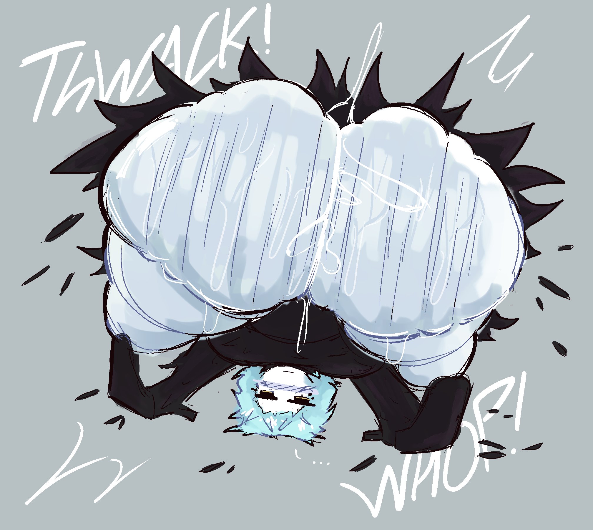 1girls, angela (lobotomy corporation), ass, ass bigger than head, ass clapping, ass focus, ass up, big ass, blush, clapping cheeks, female, female only, huge ass, large ass, lobotomy corporation, looking at viewer, massive ass, meatoids, onomatopoeia, project moon, ripped clothing, sound effects, sweat, thick thighs, twerking