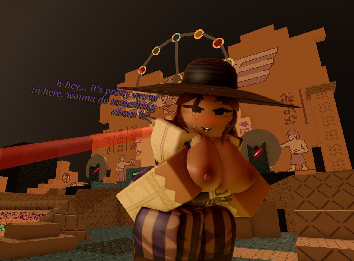 1girls, 3d, areolae, block tales, blush, breasts, breasts out, calypso (block tales), clothed, clothing, dialogue, english text, hat, hexworks, indoors, looking at viewer, nipples, player (block tales), roblox, roblox game, robloxian, sweat, sweating, tagme, text, thighs