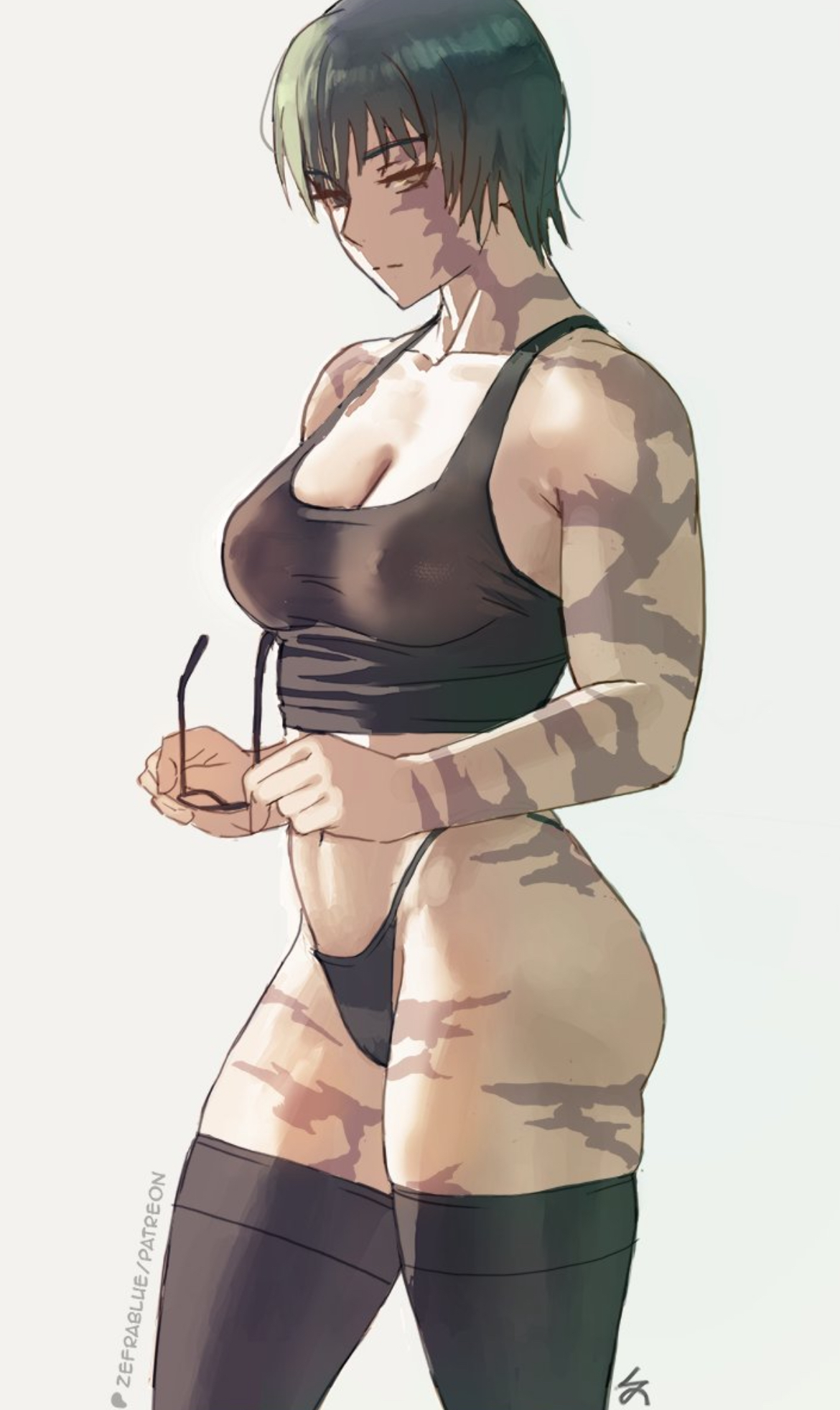 absurd res, artist name, female, female only, glasses, glasses off, green hair, jujutsu kaisen, medium breasts, midriff, muscular, muscular female, nipple bulge, panties, scars all over, shirt and panties, short hair, simple background, stockings thigh highs, tomboy, very short hair, white background, zefra bleu, zenin maki