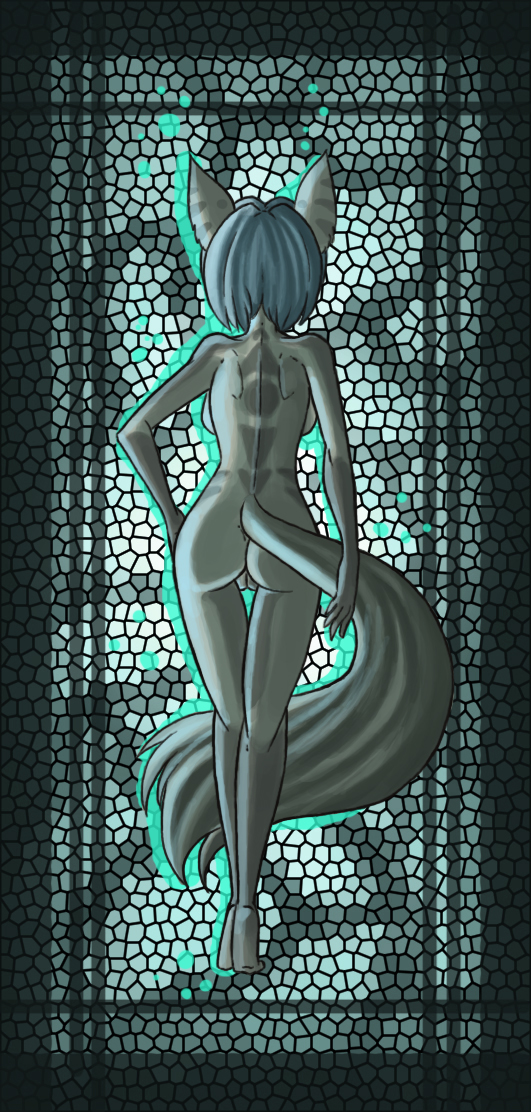 2013 animal_ears anthro ass blue_hair breasts feline female fur green_fur green_skin grey_fur grey_skin hair kara mammal nude pussy raptor007 rear_view sideboob solo