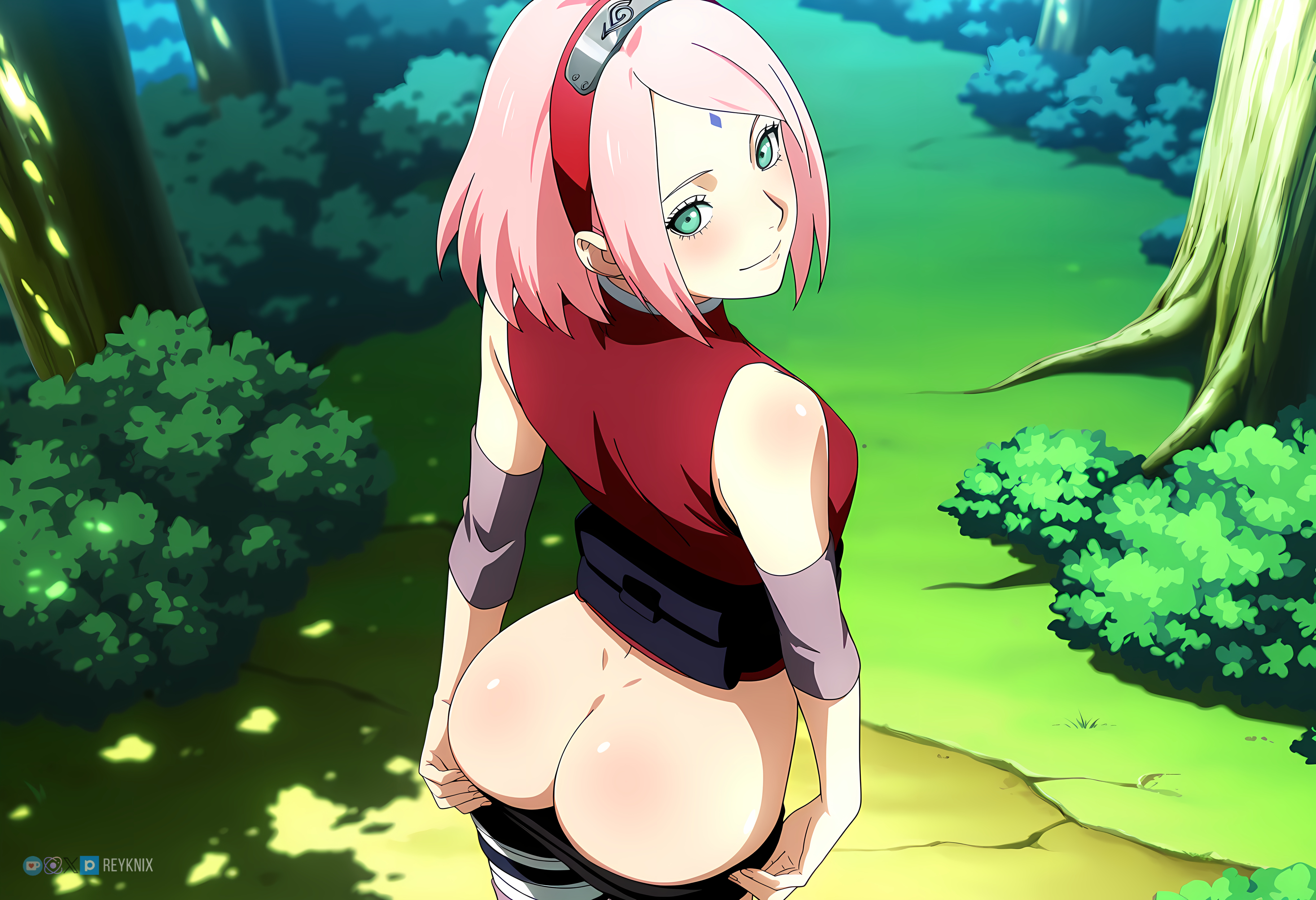 1girls, ai generated, ass, ass bigger than head, ass crack, ass focus, ass view, back, background, behind view, big ass, bike shorts, black bike shorts, black shorts, blue sky, bottom, bottom heavy, bottomwear, bubble ass, bubble butt, butt crack, clothed, clothed female, clothes, clothing, elbow pads, exposed ass, faceless, faceless character, faceless female, facing away, fat ass, female, female focus, female only, forest, from behind, from below, heavenly ass, highres, huge ass, ko-fi username, large ass, light skin, light-skinned female, medium hair, mooning, naruto, naruto (series), naruto shippuden, naruto: the last, nature, outdoors, pink elbow pads, pink hair, pixiv username, presenting, presenting ass, railing, rear view, red shirt, red sleeveless shirt, reyknix, sakura haruno, shirt, shorts, sleeveless, sleeveless shirt, solo, solo female, solo focus, spats, standing, standing position, sunlight, thick, thick ass, thick female, thick thighs, thighs, topwear, tree, trees, twitter username, unseen female face, viewed from behind, voluptuous female, watermark, white body, wide hips