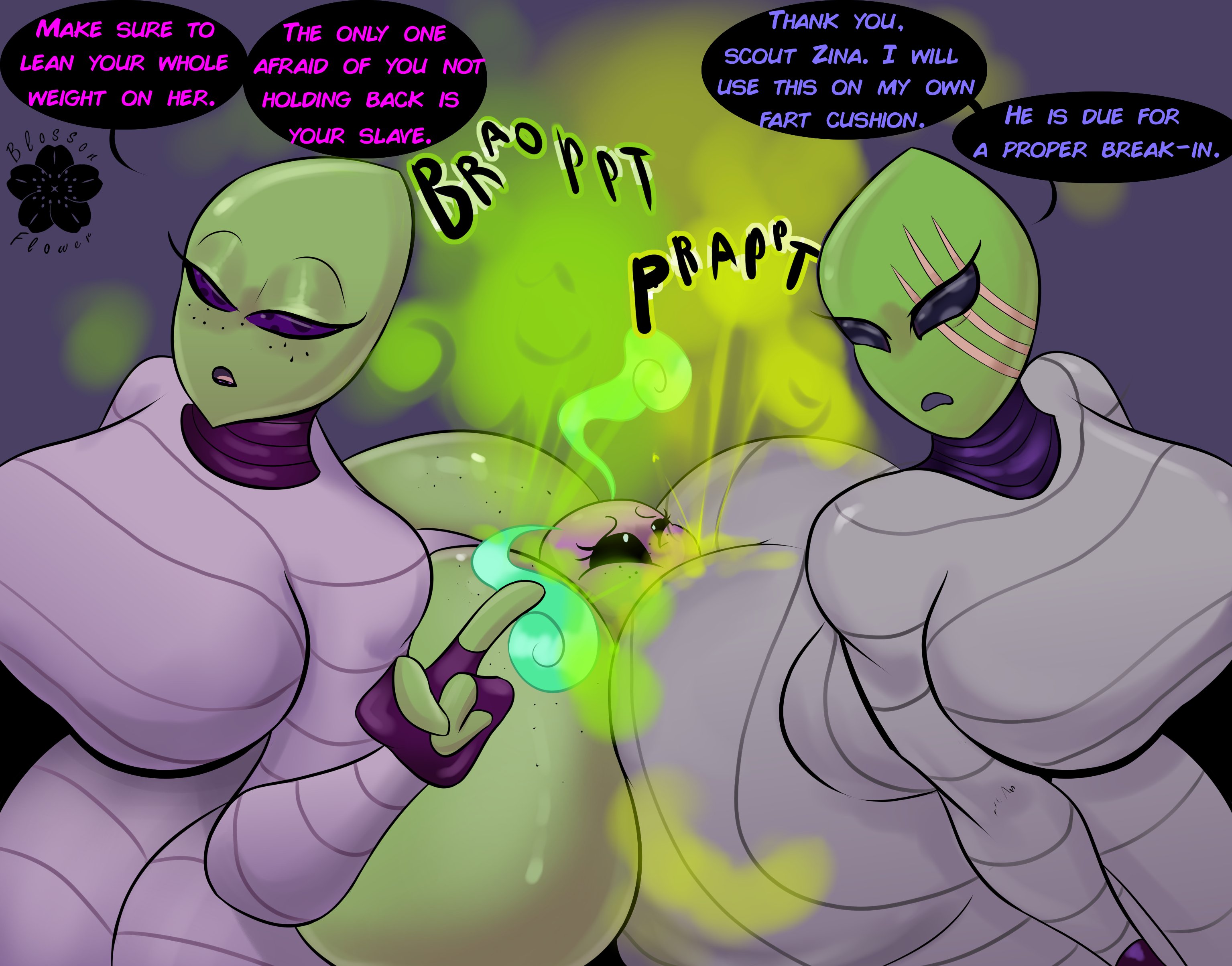 2d, 3girls, alien, alien girl, ass, ass in face, between butts, big ass, big breasts, big butt (female), blossonflower, breasts, clothing, dumptruck ass, english text, face in ass, facefart, fart, fart fetish, farting, farting in face, farting in mouth, farting on another, farting on face, farting on female, fat ass, female farting, female only, femdom, freckles, freckles on ass, freckles on face, green body, huge ass, may (blossonflower), no genitals, no sex, nonhuman, onomatopoeia, sandwiched, scar, simple background, size difference, speech bubble, swallowing fart, tagme, talking, talking to another, text, twitter link, wide hips, zina (blossonflower)