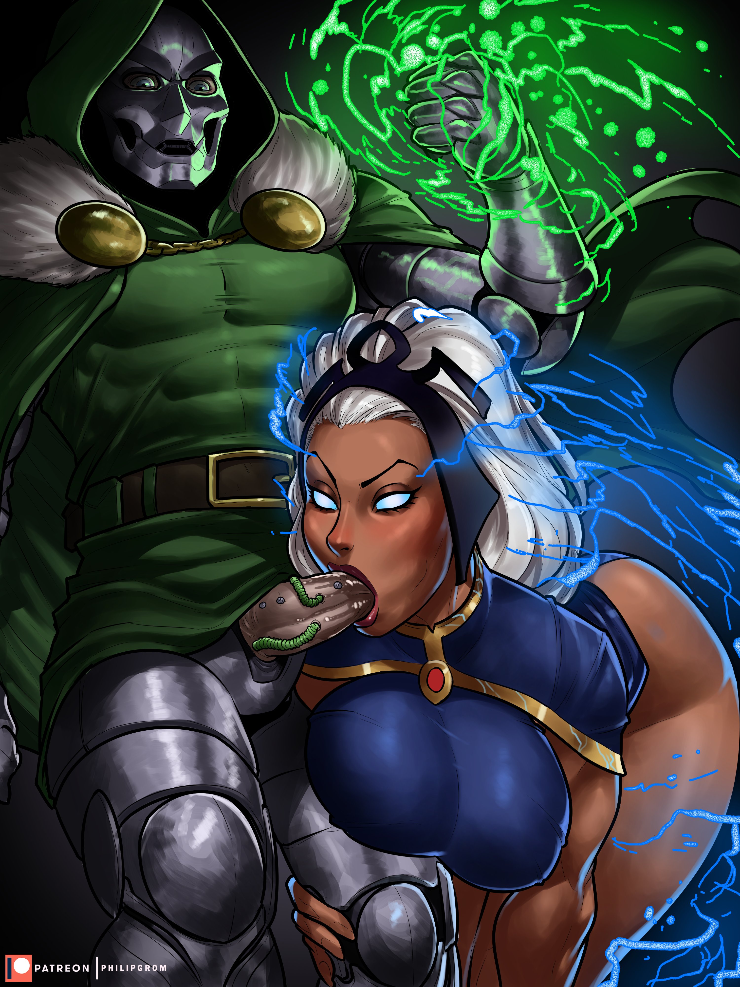 1boy, 1girls, 2d, blowjob, caucasian male, dark skin, dark-skinned female, doctor doom, european male, fantastic four, fellatio, female, interracial, light skin, light-skinned male, light-skinned male/dark-skinned female, male, marvel, marvel comics, pale-skinned male, penis, penis out, philipgrom, sex, storm (x-men), superheroine, tagme, unseen male face, villain, villain on heroine, white hair, white male, white male black female, x-men