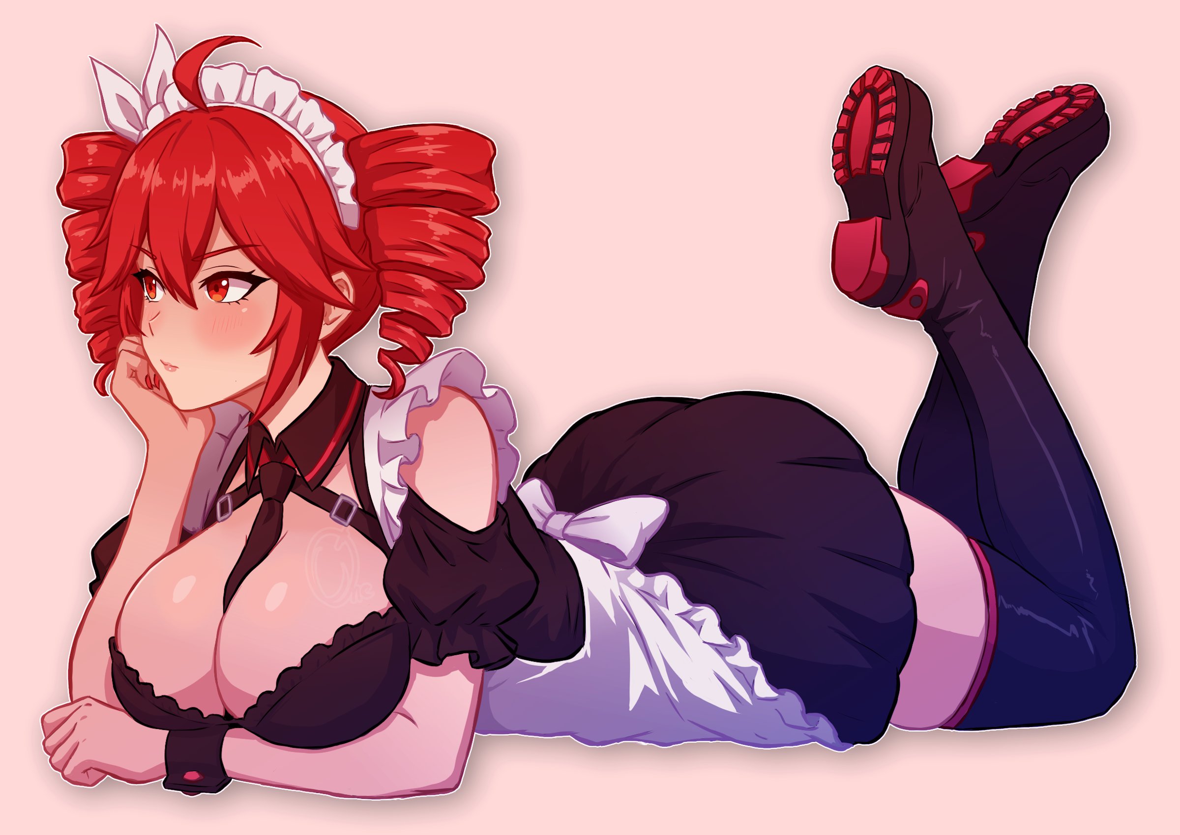 1girls, 2d, 2d (artwork), ahoge, alternate costume, apron, ass, big ass, big breasts, big thighs, blush, blushing, blushing female, boots, cleavage, clothed, clothed female, clothing, commentary, curvaceous, curvy, curvy female, curvy figure, drill hair, english commentary, enmaided, feet up, female, female only, frilled apron, frills, fully clothed, highres, huge ass, huge breasts, kasane teto, large ass, large thighs, lying, lying down, lying on floor, lying on stomach, maid, maid apron, maid headdress, maid uniform, necktie, necktie between breasts, on stomach, onequart, plump, plump ass, plump breasts, plump thighs, red eyes, red hair, shiny breasts, shiny skin, skirt, solo, solo female, the pose, thick thighs, thigh boots, thighhighs, thighs, twin drills, utau, vocaloid, white apron, wide hips