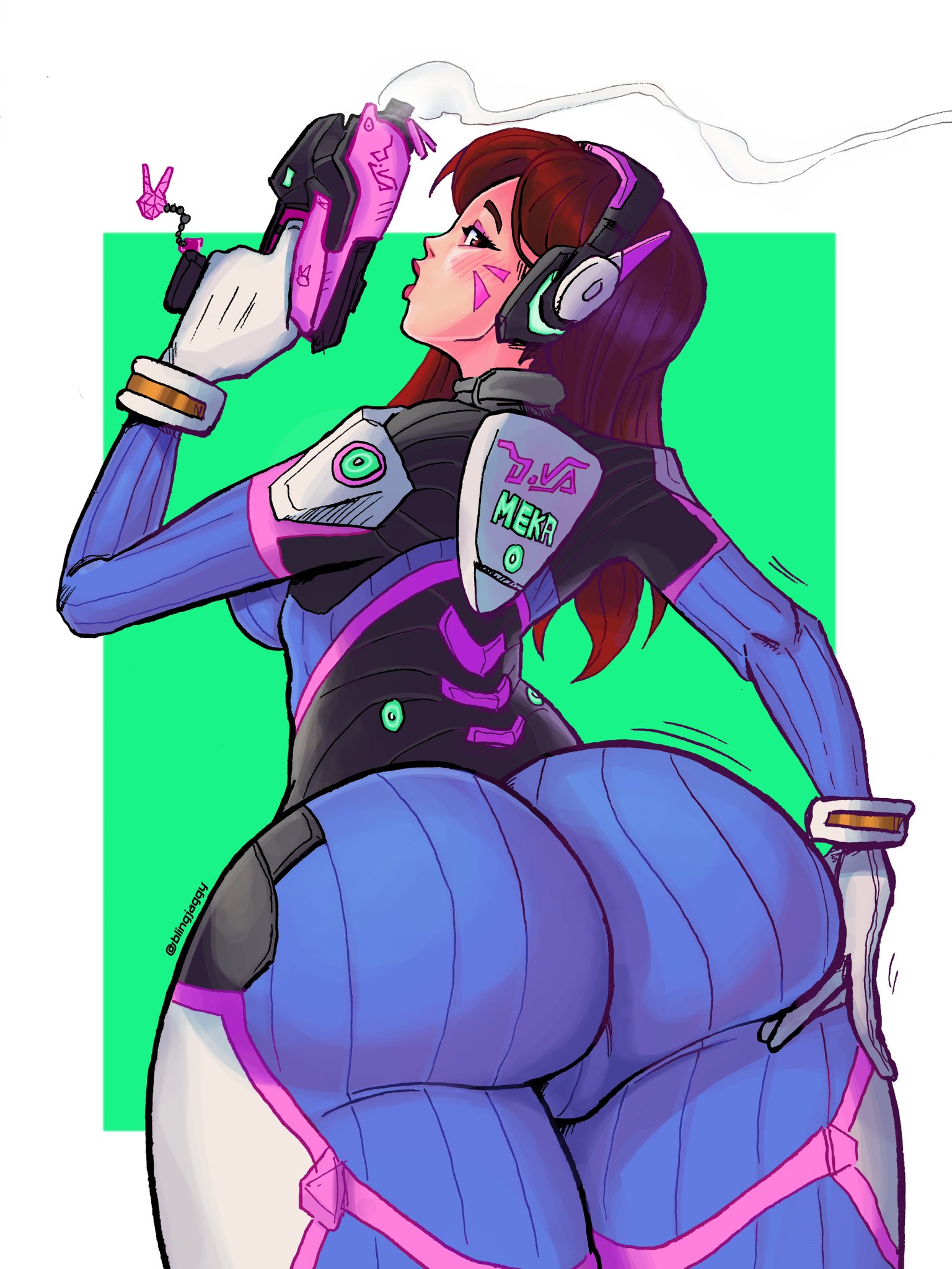 ass, blingjaggy, bodysuit, brown eyes, brown hair, d.va, facial markings, female, female only, from behind, gloves, grabbing own ass, handgun, huge ass, large breasts, long hair, looking at viewer, looking back, overwatch, pistol, thick thighs, white gloves