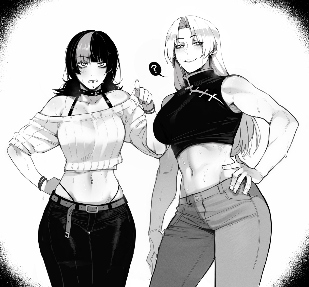 2girls, bangs, belly, belly button, big breasts, breast size difference, curvy female, female, female focus, female only, hand on hip, hoshi kirara, jujutsu kaisen, lip piercing, long hair, masoq095, midriff, pants, pointing at viewer, short shirt, small breasts, tummy, yuki tsukumo