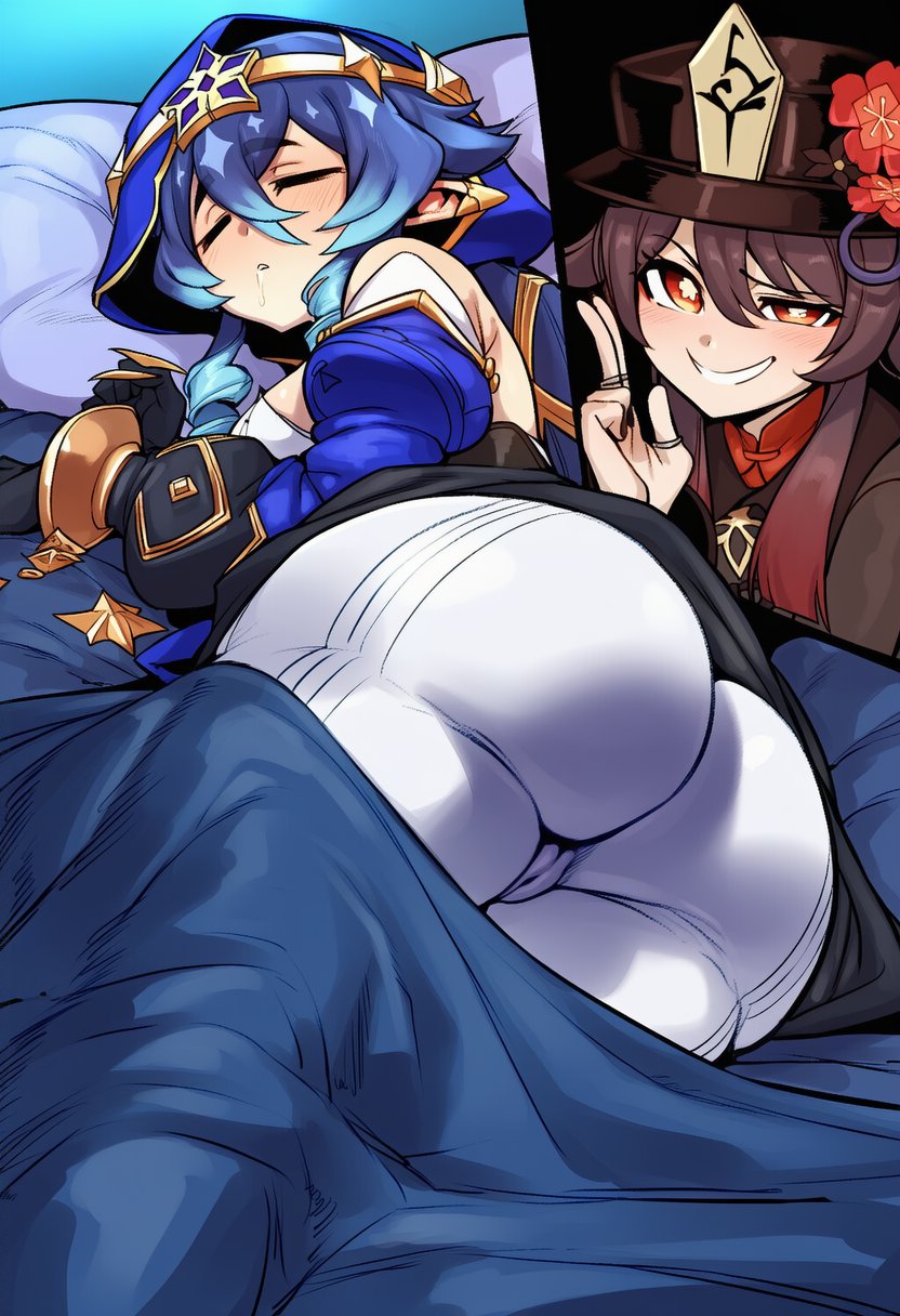 2d, 2girls, ai generated, ass, ass focus, bags under eyes, bare shoulders, big ass, big butt, black gloves, black headwear, blue hair, blue hood, blush, breasts, bright pupils, brown hair, cameltoe, claw ring, closed eyes, cyreneceo, drill hair, female only, flower, genshin impact, gloves, gradient hair, grin, hair between eyes, hat, hat flower, hat ornament, hood, hood up, hu tao (genshin impact), huge ass, imminent sex, jewelry, large ass, large butt, large thighs, layla (genshin impact), long hair, long sleeves, looking at viewer, lying, medium breasts, multiple girls, on side, pants, parted lips, pillow, pointy ears, red eyes, ring, sidelocks, sleeping, smile, symbol-shaped pupils, thick ass, thick butt, thick thighs, thighs, tight pants, twintails, v, white pantyhose, white pupils