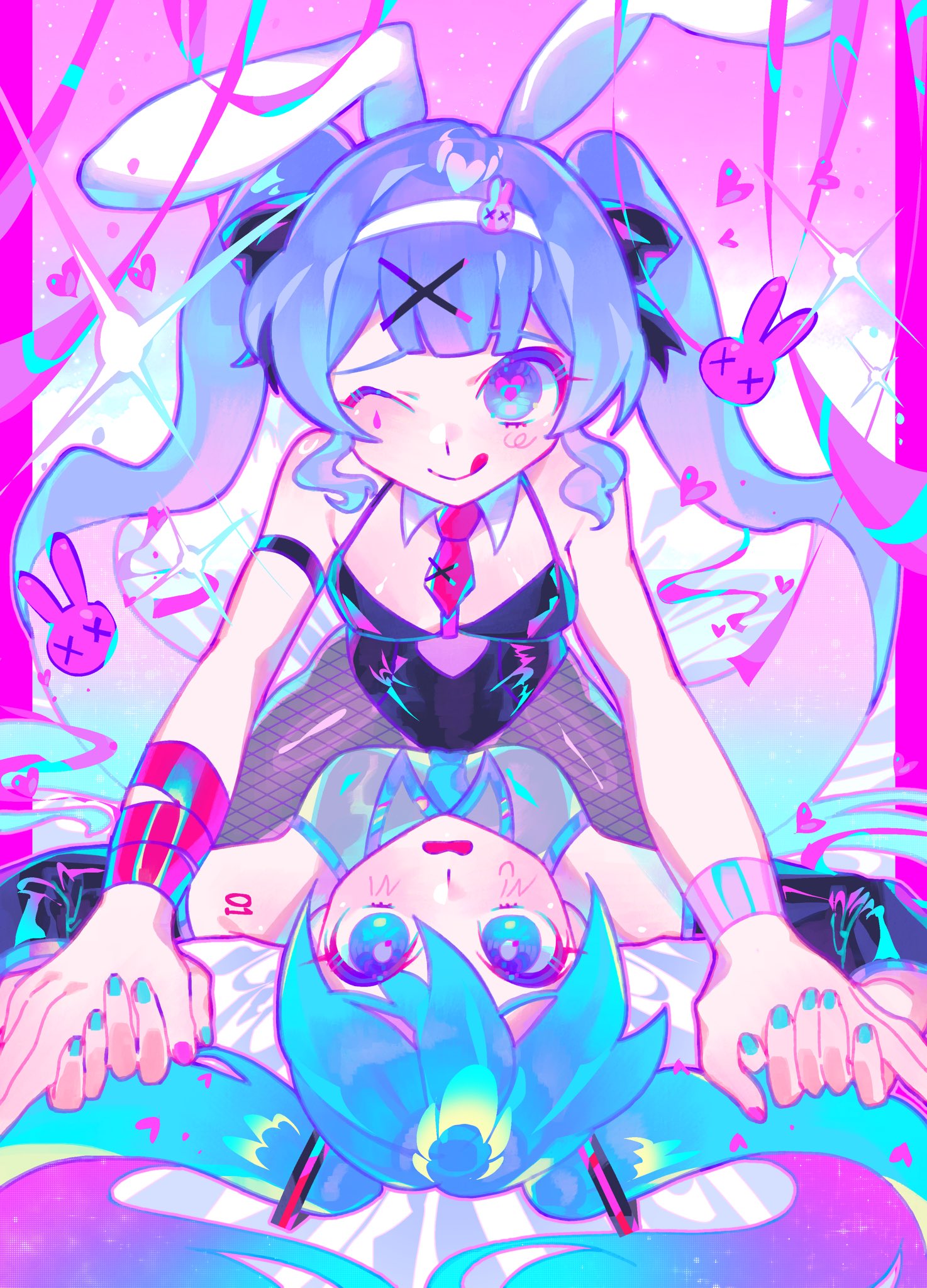 ;q, :q, 2girls, animal ears, aqua eyes, aqua hair, bangs, bare shoulders, black leotard, blue eyes, blue hair, blue nails, blush, breasts, bunny ears, bunny girl, bunnysuit, cyan eyes, cyan hair, detached collar, detached sleeves, dual persona, fake animal ears, fishnets, hair ornament, hatsune miku, heart, heart eyes, holding hands, interlocked fingers, iro0414, leotard, long hair, looking at viewer, lying, lying down, multiple girls, nail polish, nails, necktie, on back, one eye closed, open mouth, pantyhose, pink eyes, pink hair, playboy bunny, purple eyes, purple hair, rabbit ears, rabbit hole (vocaloid), shirt, smile, tongue, tongue out, twintails, very long hair, vocaloid, x hair ornament
