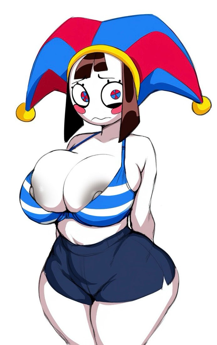 1girls, 2026, blue bra, blue eyes, blush, breasts, brown hair, chilisauce, cleavage, female, female only, grey nipples, jester hat, nipples, pomni (the amazing digital circus), red eyes, short hair, shorts, the amazing digital circus, thick thighs, thighs, white background, white body, white bra, white skin, wide hips