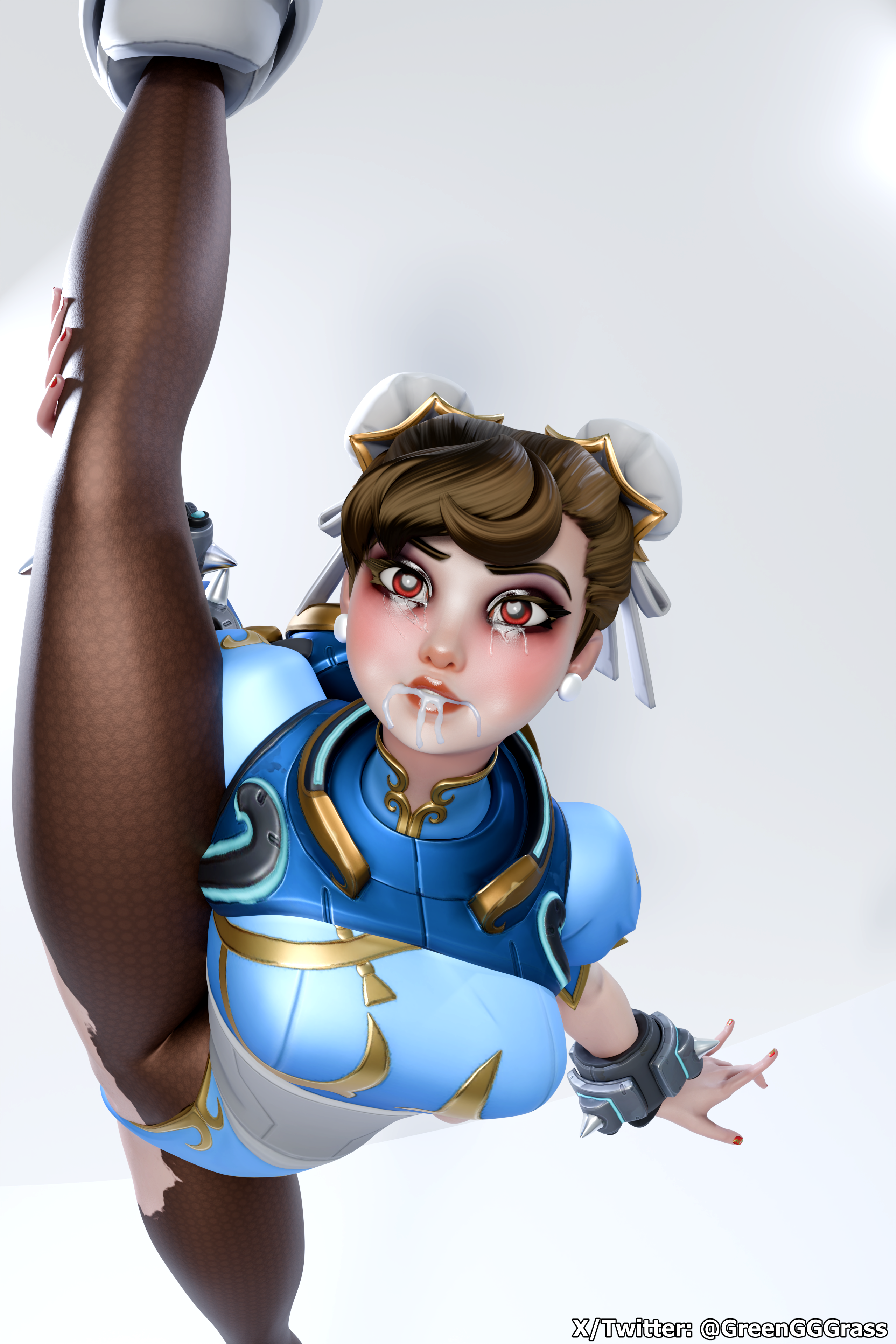 1girls, 3d, 3d (artwork), blender, blender (software), brunette hair, chun-li (cosplay), chun-li juno, crying with eyes open, cum, cum in mouth, cum on face, female focus, female only, greengrass, holding leg, hole in pants, juno (overwatch), legwear, mouth closed, mouth full of cum, overwatch, overwatch 2, pantyhose, render, self upload, sexy pose, simple background, solo female, standing, standing on one leg, street fighter, tagme