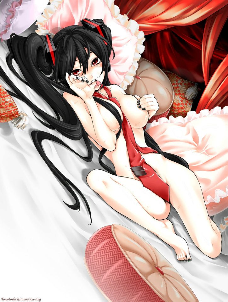 bed black_hair blush breast breast_grab convenient_censoring covering fanloid female finger_in_mouth hair_ribbon looking_at_viewer necktie nude open_mouth pillow red_eyes ribbon solo tied_hair tongue tongue_out twintails very_long_hair vocaloid zatsune_miku