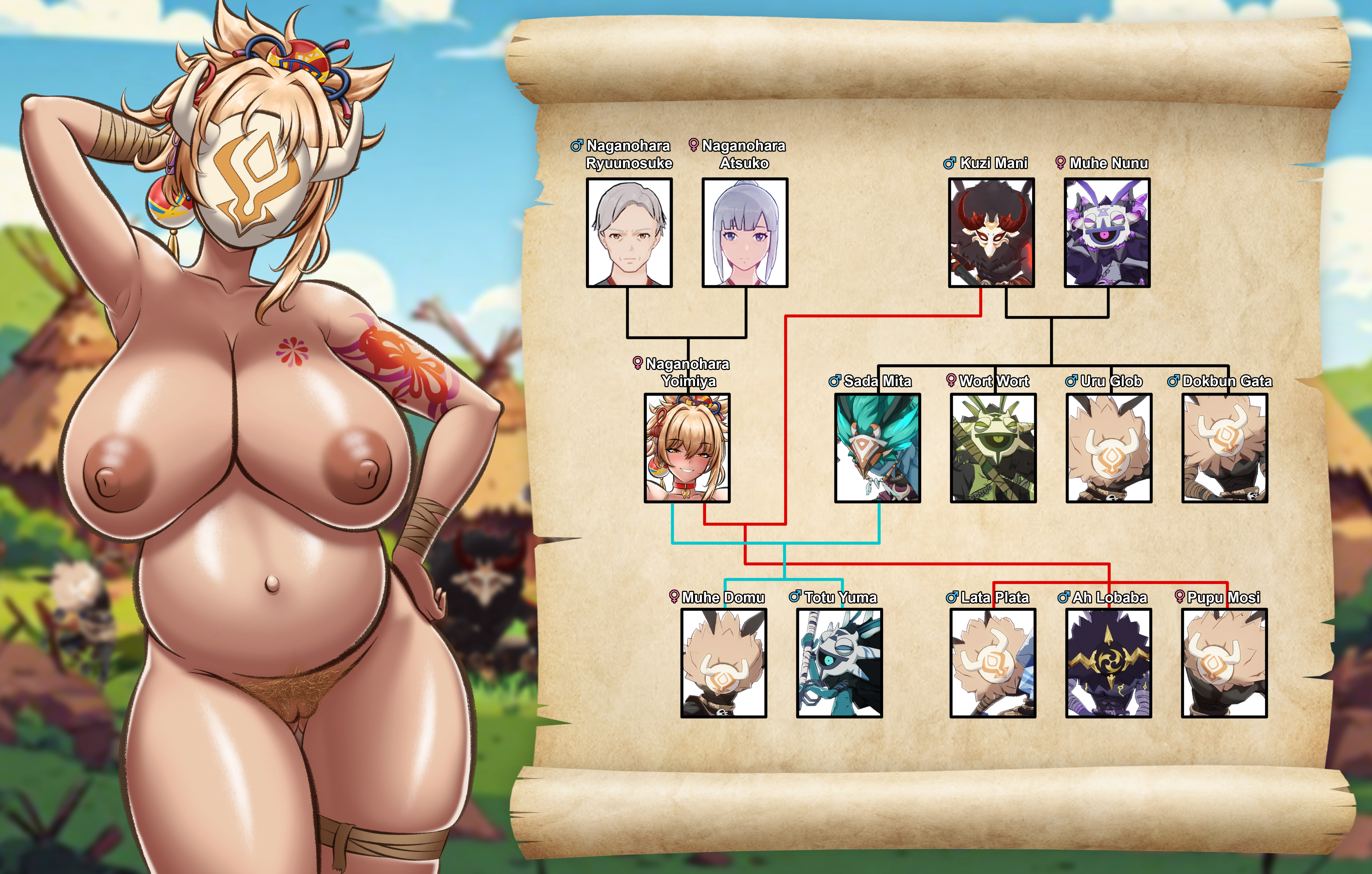 1girls, big breasts, breasts, churled, fbi ecchi, genshin impact, hilichurl mask, hilichurls (species), interspecies, pubic hair, solo, solo female, yoimiya (genshin impact)