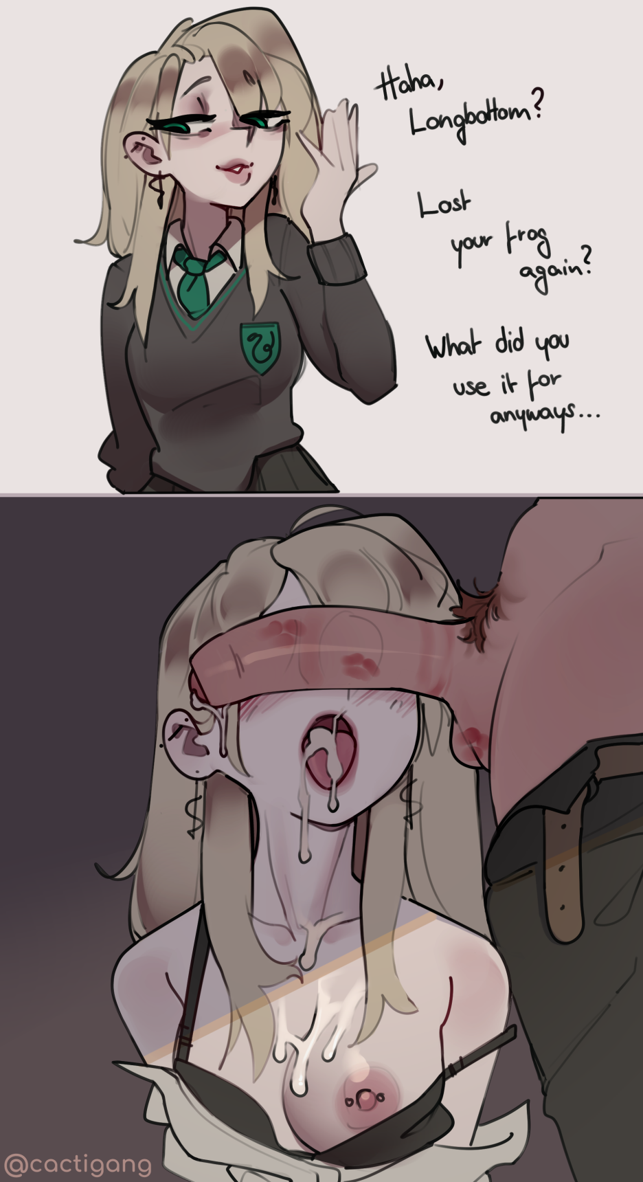 2d, 2d (artwork), after fellatio, after orgasm, after sex, ahe gao, ahegao, ahegao face, belt, big breasts, big penis, blonde female, blonde hair, blowjob, blowjob face, blush, blushing, bra, breasts, bully, bullying, cactigang, cant see the haters, clothed female, clothing, cock, cock over eyes, cock worship, comic, cum, cum drip, cum in mouth, cum on body, cum on breasts, cum on face, cumshot, deep penetration, dialogue, draco malfoy, draco malfoy (redteneri), dubious consent, earrings, ejaculation, english commentary, english text, female bully, genderswap, genderswap (mtf), green eyes, hair behind ear, harry potter (series), implied oral, implied sex, instant loss, instant loss 2koma, lipstick, lipstick mark, lipstick on penis, long hair, male pubic hair, messy hair, necktie, neville longbottom, nipple piercing, nipples, ojou-sama pose, one breast out, oral, oral penetration, oral sex, questionable consent, rule 63, shoulders, taunting, teasing, tongue, unbuttoned, undressing, wardrobe malfunction, wizarding world