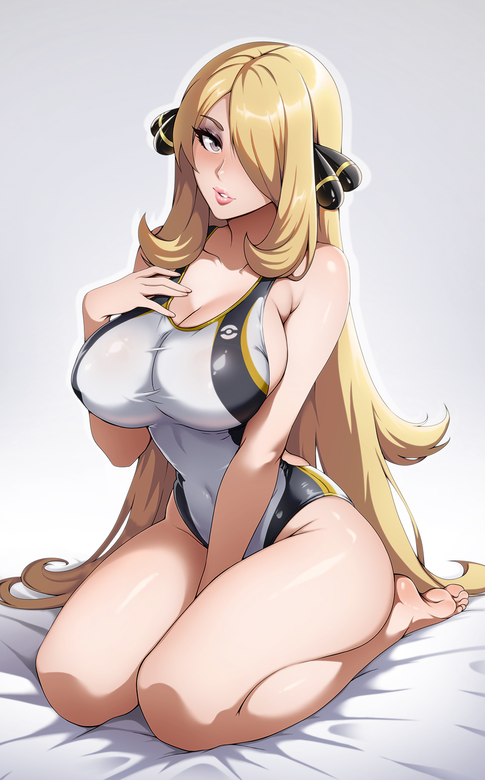 1girls, alternate breast size (larger), armpit crease, barefoot, bed sheet, big breasts, blonde hair, breasts, cleavage, collarbone, commentary, covered navel, curvy, cynthia (pokemon), english commentary, full body, game freak, grey eyes, hair ornament, hair over one eye, highres, holding, large breasts, lips, long hair, looking at viewer, nintendo, one-piece swimsuit, parted lips, poke ball symbol, pokemon, pokemon diamond/pearl/platinum, pokemon dppt, seiza, sitting, solo, sonicbluespeed, swimsuit, thighs, very long hair, white one-piece swimsuit