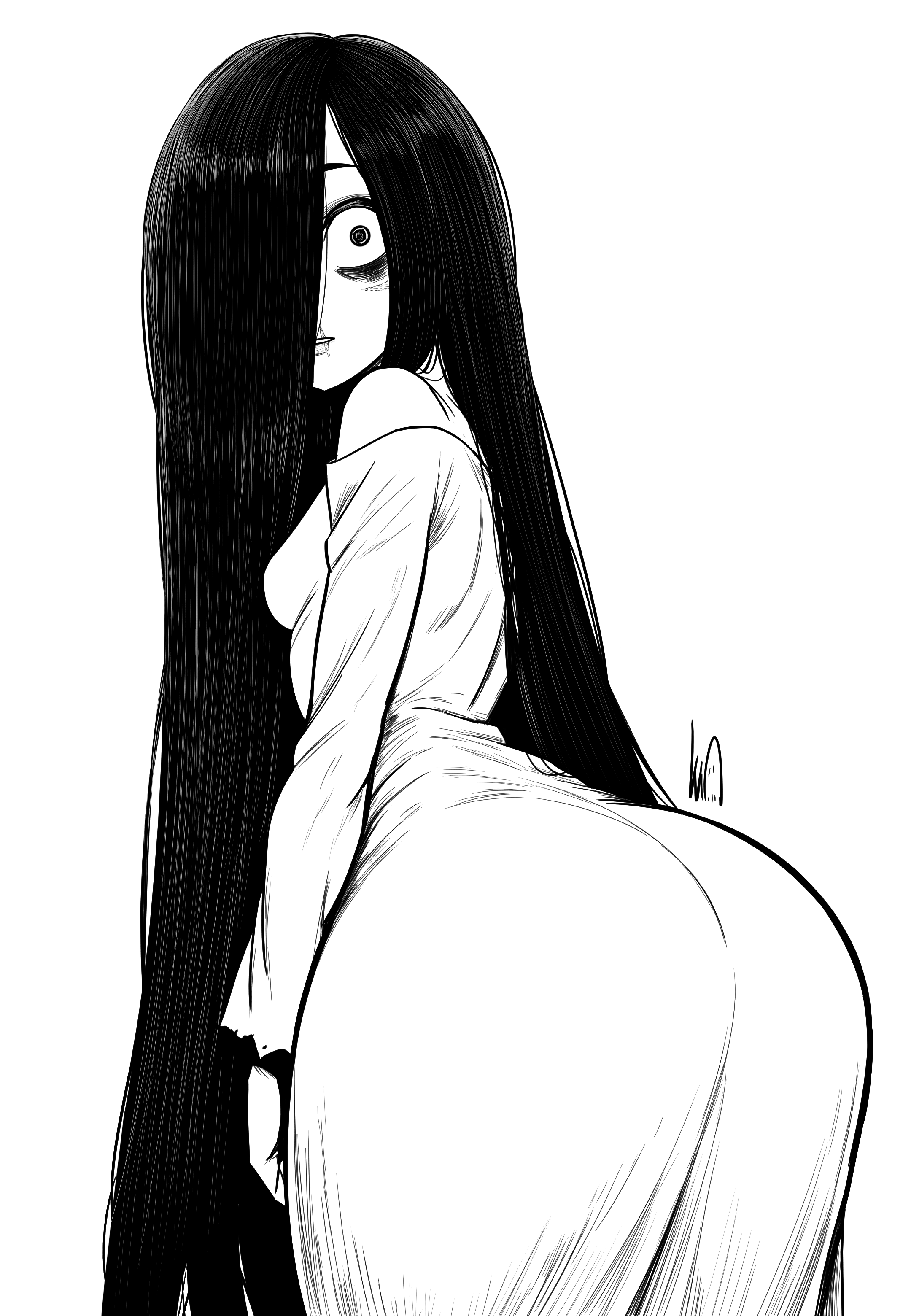 1girl, 2d, ass, black and white, black hair, ghost, ghost girl, hair over one eye, huge ass, line art, long hair, lughost, sadako yamamura, scar, small breasts, wife, yamamura sadako